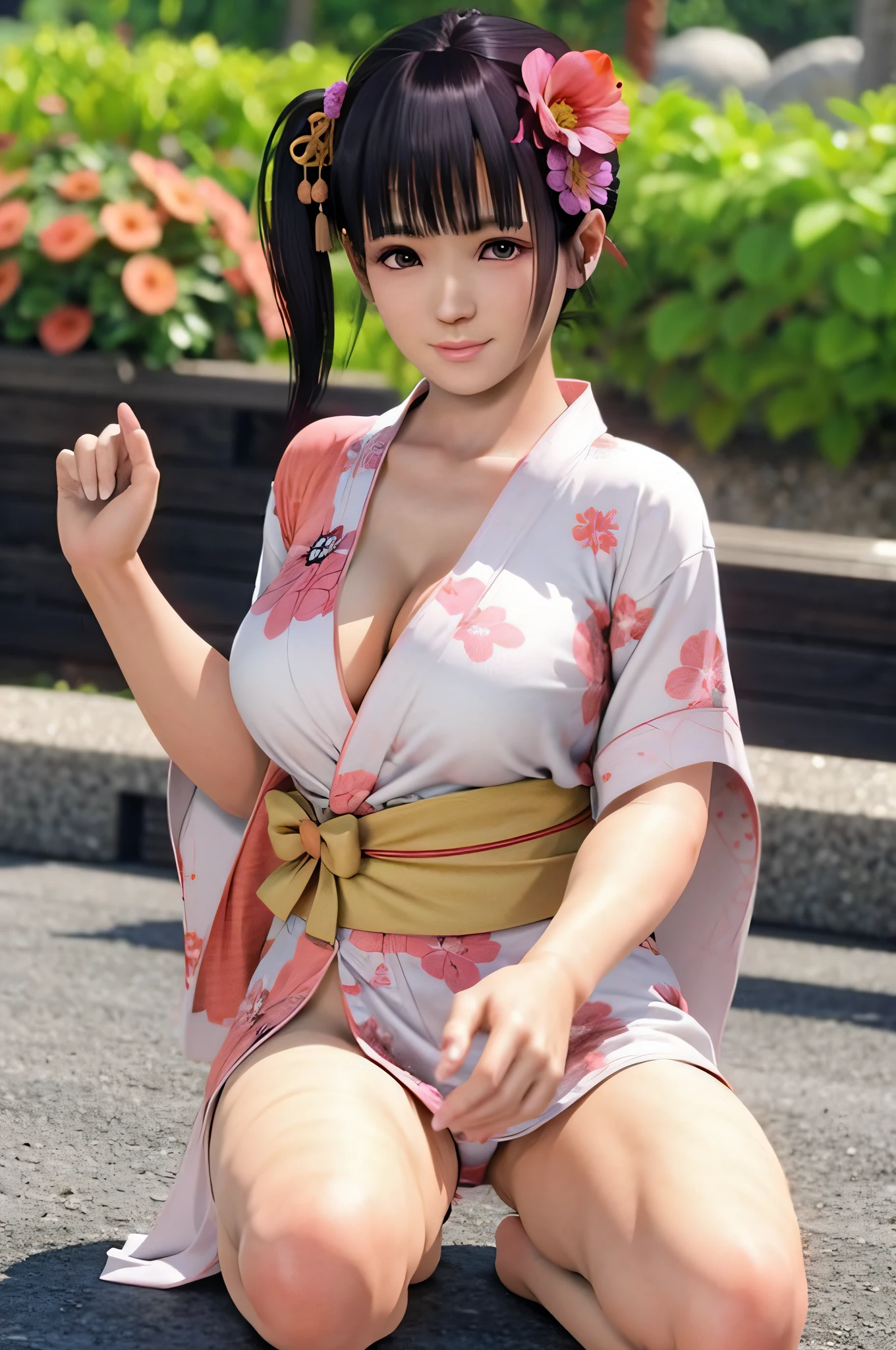 koharu, 1girl, yukata, seiza, peach garden