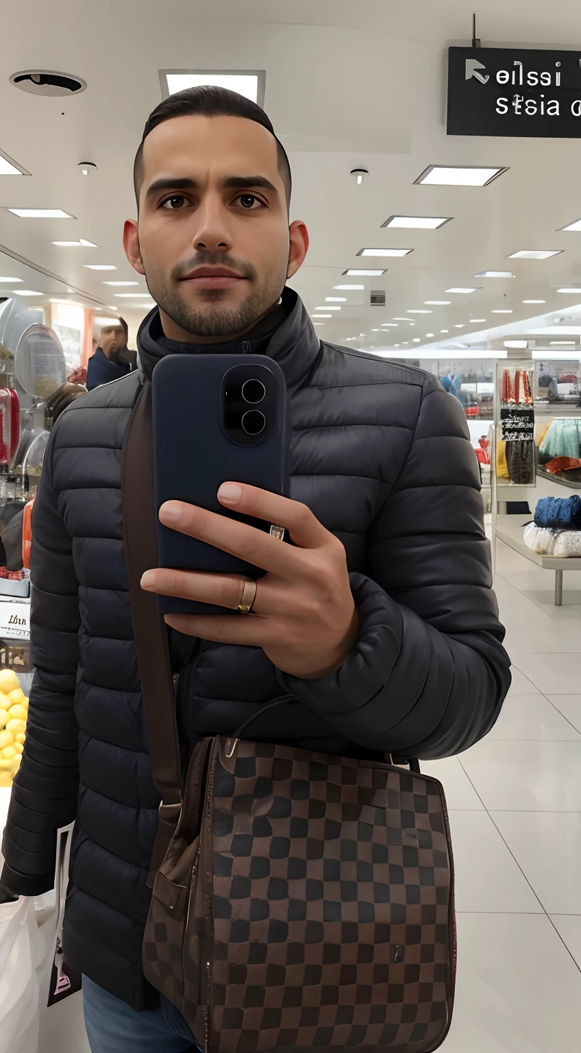 homem de jaqueta preta, tirando uma foto de frente ao espelho com bolsa