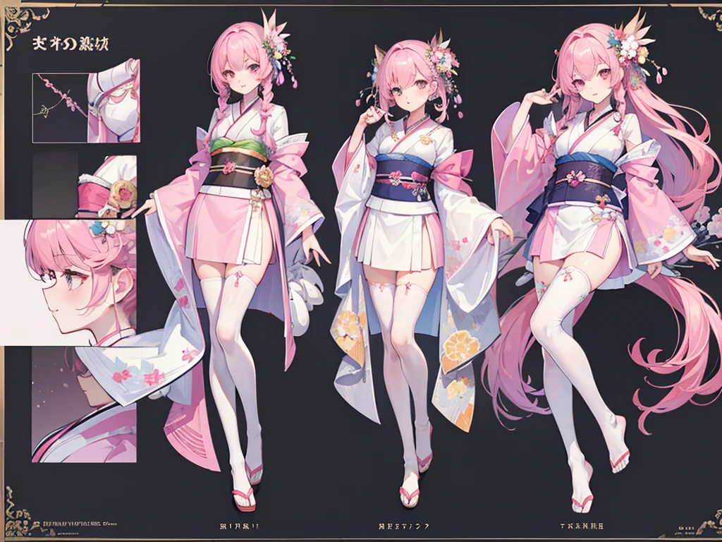 ((Masterpiece, Highest Quality)), Detailed Face, Character design sheet, full bodyesbian, Full of Details, multiple poss and expressions, Highly detailed, depth, many details,Beautiful girl with pink hair,Double braid,Kimono with white,white stockings,bare footed,Fairies