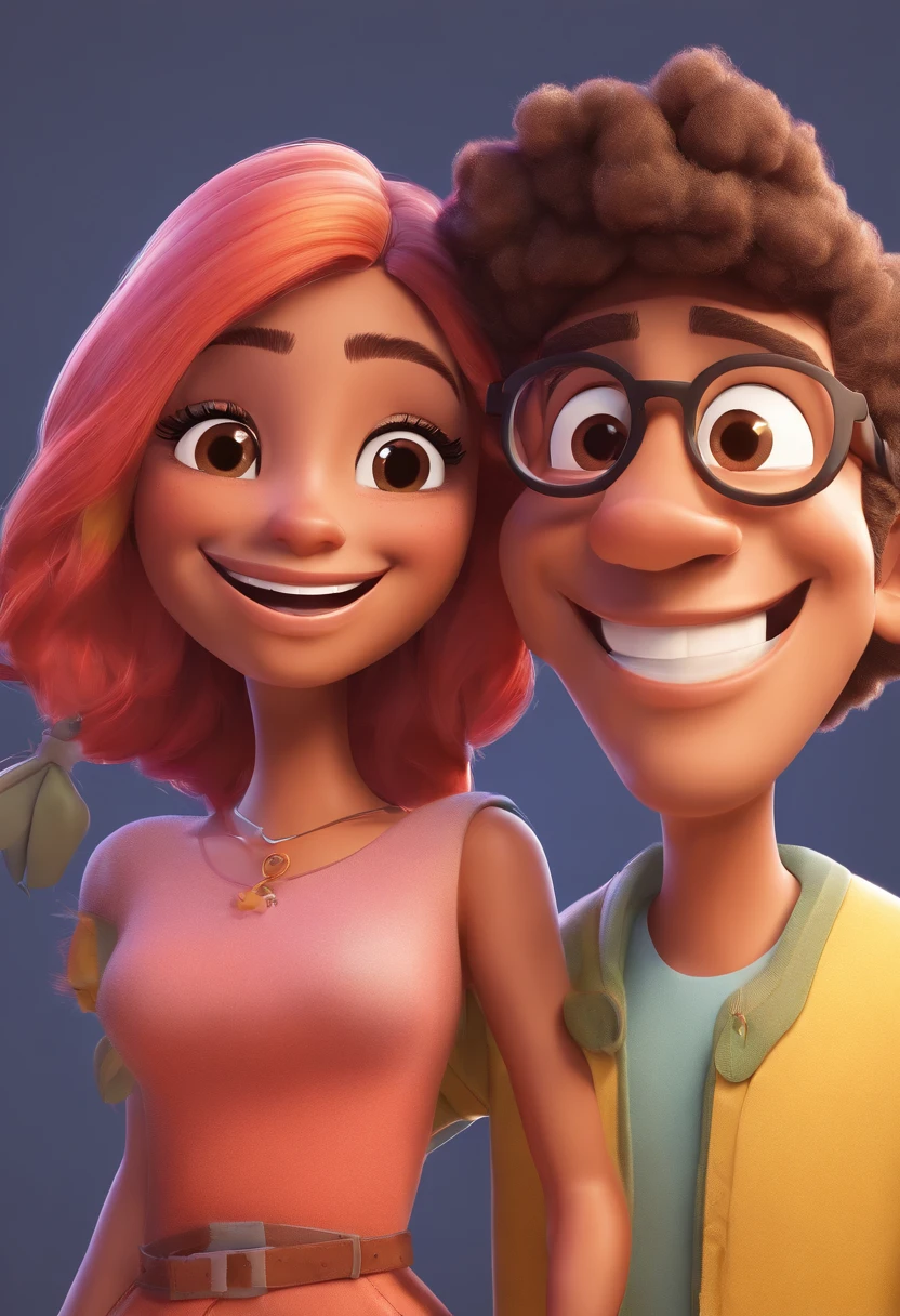 An illustration of an adorable couple, Highlight for a chubby mulatto man with smiling glasses and a brunette woman with beautiful expressive eyes - the man's skin is mulatto and the man's hair has, while the woman's skin is black and the woman's hair is straight and brown. They are a bright room, cada um com um sorriso no rosto, e compartilhar um momento especial caracterizado pelo amor, Insights. Illustrate this scene from a perspective where they are facing the camera, Smiling and Showing Your Connection. Desenvolva esta arte em Full HD, Focus on your cinematic touch, Estilo Disney Pixar Animations