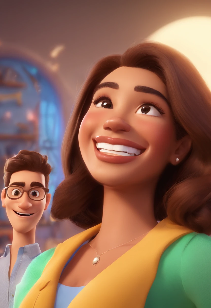 An illustration of an adorable couple, Highlight for a chubby mulatto man with smiling glasses and a brunette woman with beautiful expressive eyes - the man's skin is mulatto and the man's hair has, while the woman's skin is black and the woman's hair is straight and brown. They are a bright room, cada um com um sorriso no rosto, e compartilhar um momento especial caracterizado pelo amor, Insights. Illustrate this scene from a perspective where they are facing the camera, Smiling and Showing Your Connection. Desenvolva esta arte em Full HD, Focus on your cinematic touch, Estilo Disney Pixar Animations