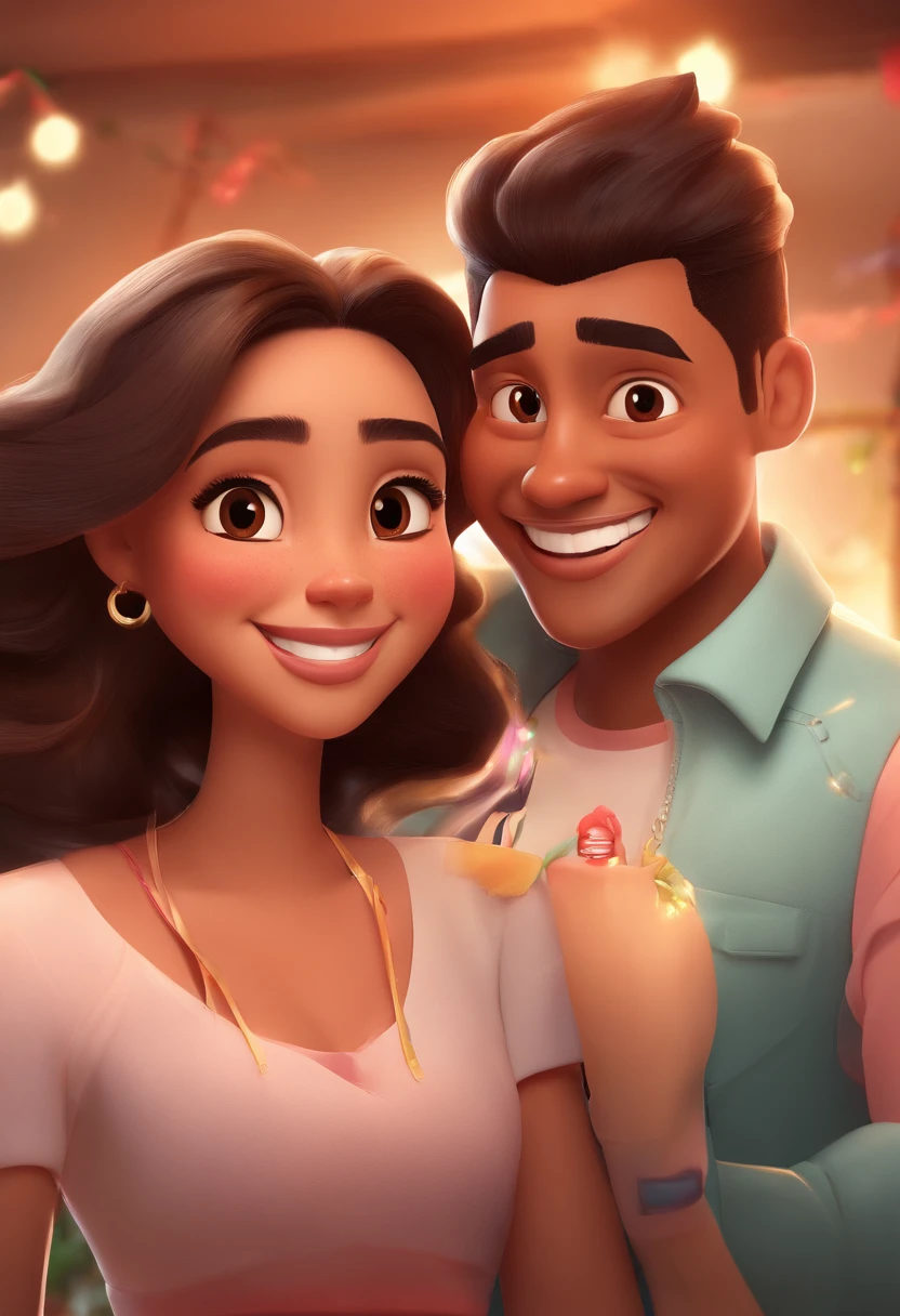 An illustration of an adorable couple, Highlight for a chubby mulatto man with smiling glasses and a brunette woman with beautiful expressive eyes - the man's skin is mulatto and the man's hair has, while the woman's skin is black and the woman's hair is straight and brown. They are a bright room, cada um com um sorriso no rosto, e compartilhar um momento especial caracterizado pelo amor, Insights. Illustrate this scene from a perspective where they are facing the camera, Smiling and Showing Your Connection. Desenvolva esta arte em Full HD, Focus on your cinematic touch, Estilo Disney Pixar Animations
