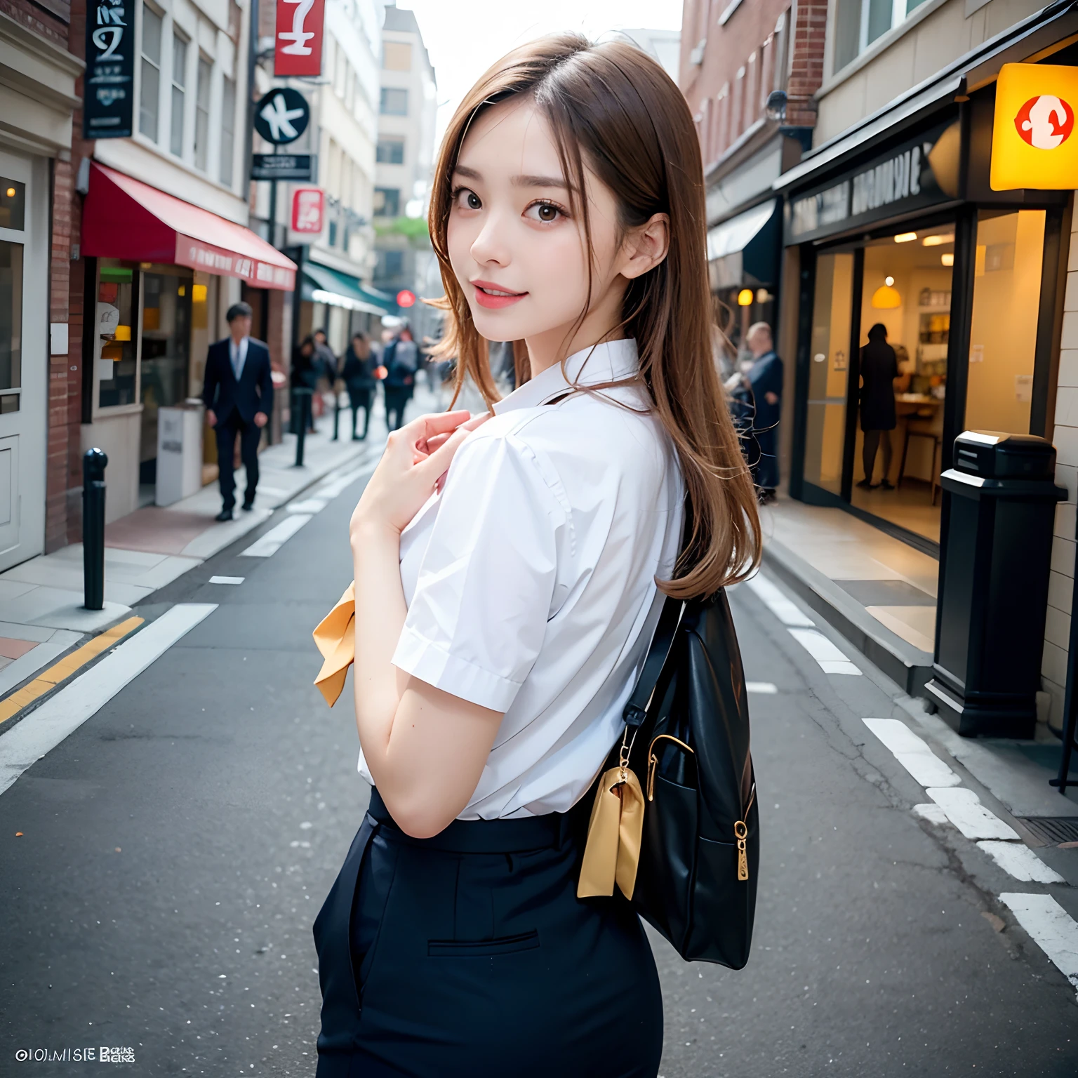 (masutepiece, Best Quality:1.2), 8K, Official art, Full body photo, full body Esbian、Emma fastening her tie.trouser、Cute smile、cute butt、Keep your bag cold、A dark-haired、14years、small tits、A delightful、A smile、unbelievable Ridiculous, (Upper body, Dark blue suit:Cute Tie 1.4), Beautiful Girl, Pretty Face, arching back down, cute butt、Gold hair ornament on hair、Wearing a cute suit、Decide on a pose、raise two hands、close up, Wearing a suit, Short sleeve, gardenia, violaceaess, Teen, Street, Looking at Viewer, Film grain, chromatic abberation, Sharp Focus, face lights, Dynamic lighting, Cinematic lighting, Eyes and faces with detailed, Bokeh background, (Tie with Emma written on it、1 copy:1.2)