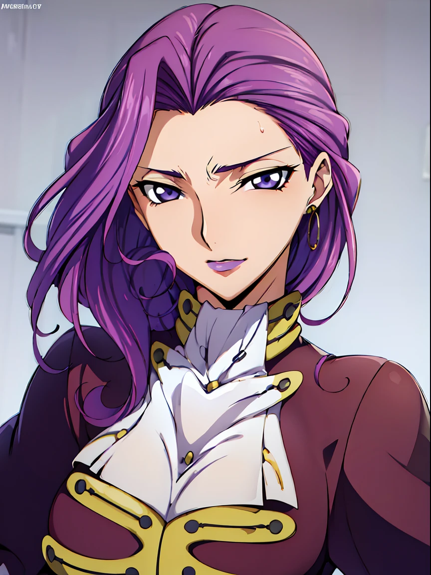 Simple white background,

((purple outfit)),Military, Military uniform,

(((Purple hair))),Purple eyes, ((((straight Hair)))),makeup,

1 girl, 35yr old,milf,Beautiful Finger,Beautiful long legs,Beautiful body,

Beautiful nose,Beautiful character design, Perfect eyes, Perfect face,Expressive eyes,Perfect balance,

Looking at Viewer,(Focus on her face),Closed mouth, (Innocent_Big_Eyes:1.0),(light_Smile:0.3),

Official art,Highly detailed CG Unity 8k wallpaper, Perfect Lighting,Colorful, Bright_front_Face_Lighting,White skin,

(masutepiece:1.0),(best_quality:1.0), 超A high resolution,4K,Ultra-detailed,

Photography, 8K, nffsw, hight resolution, absurderes:1.2, Kodak Portra 400, Film grain, Blurry background, Bokeh:1.2, Lens Flare, (Vibrant_Color:1.2),professional photograpy,

(Beautiful,breasts:1.0), (Beautiful_Face:1.5),(narrow_waist),((((hoop_earrings)))), ((((((hair slicked back)))))),(((((very short hair)))))