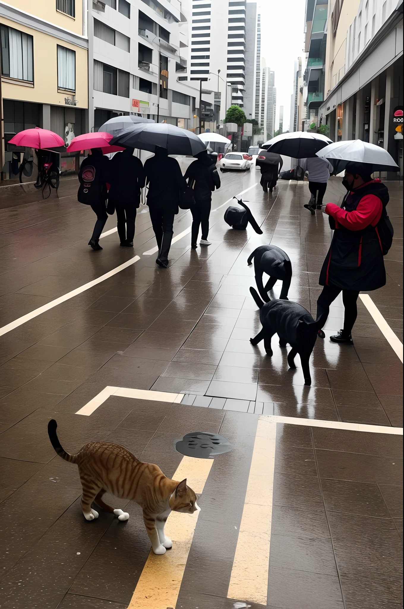 Dia de chuva varios gatos tristes sndando na rua a procura de comida