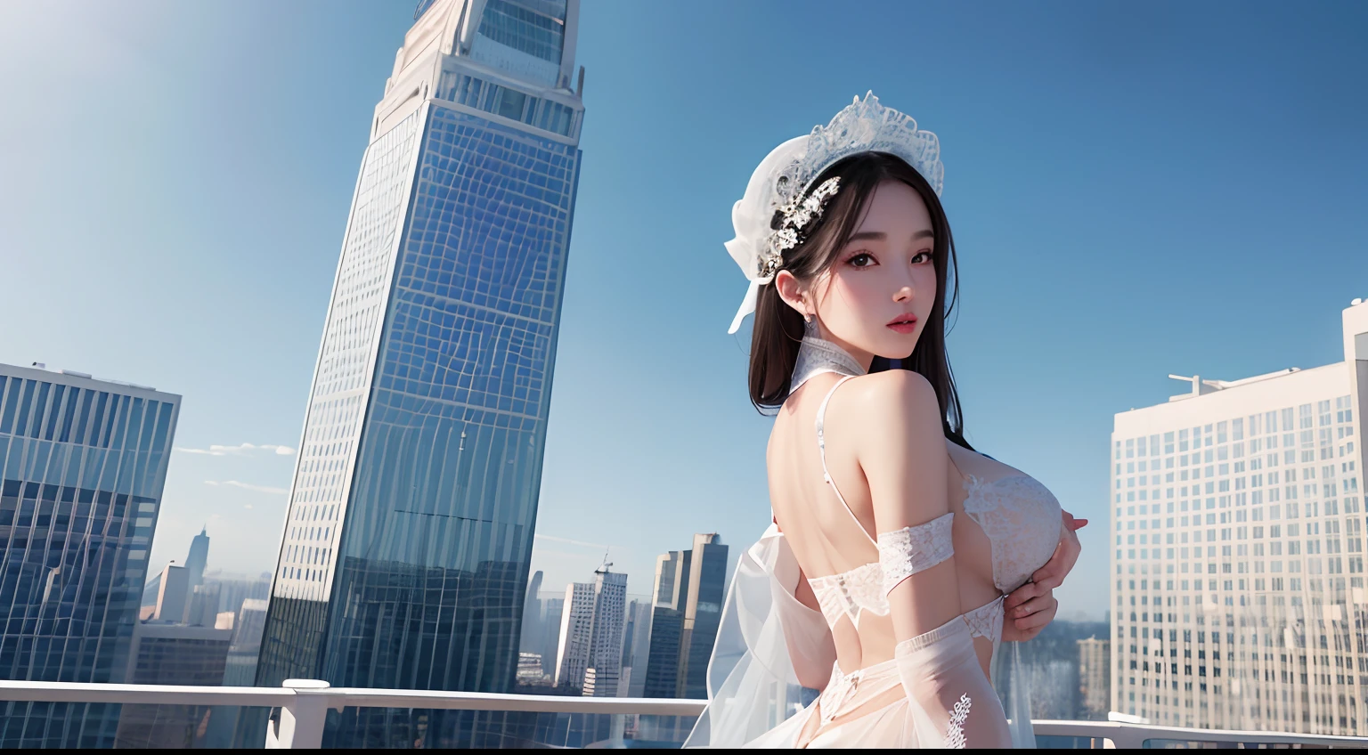 8K high-definition,A beautiful girl,Sexy goddess,Bigchest,Sexy outfit,Wear white lace,With silver,Snow-white skin,Feminine pose,Fly in the air,Strange sky,8K high-definition,mirage,Over large cities,modern urban,Buildings,Giant statue,The sky is full of auspicious clouds,