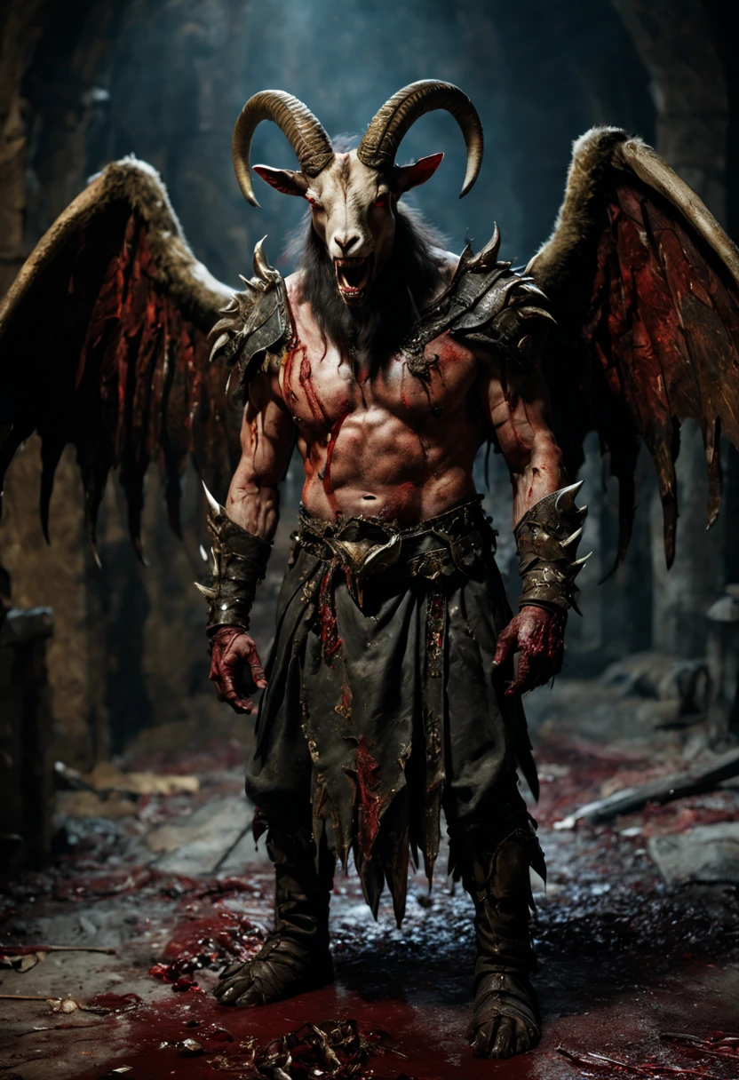 a goat-headed demon with large horns, strong and strong upper body, demon skins, skins, ((claws, wings)), demonic armor, blood splatters, skulls on the ground, standing in a blood ritual, medieval, dark room, dim light, masterpiece, realistic, oil painting