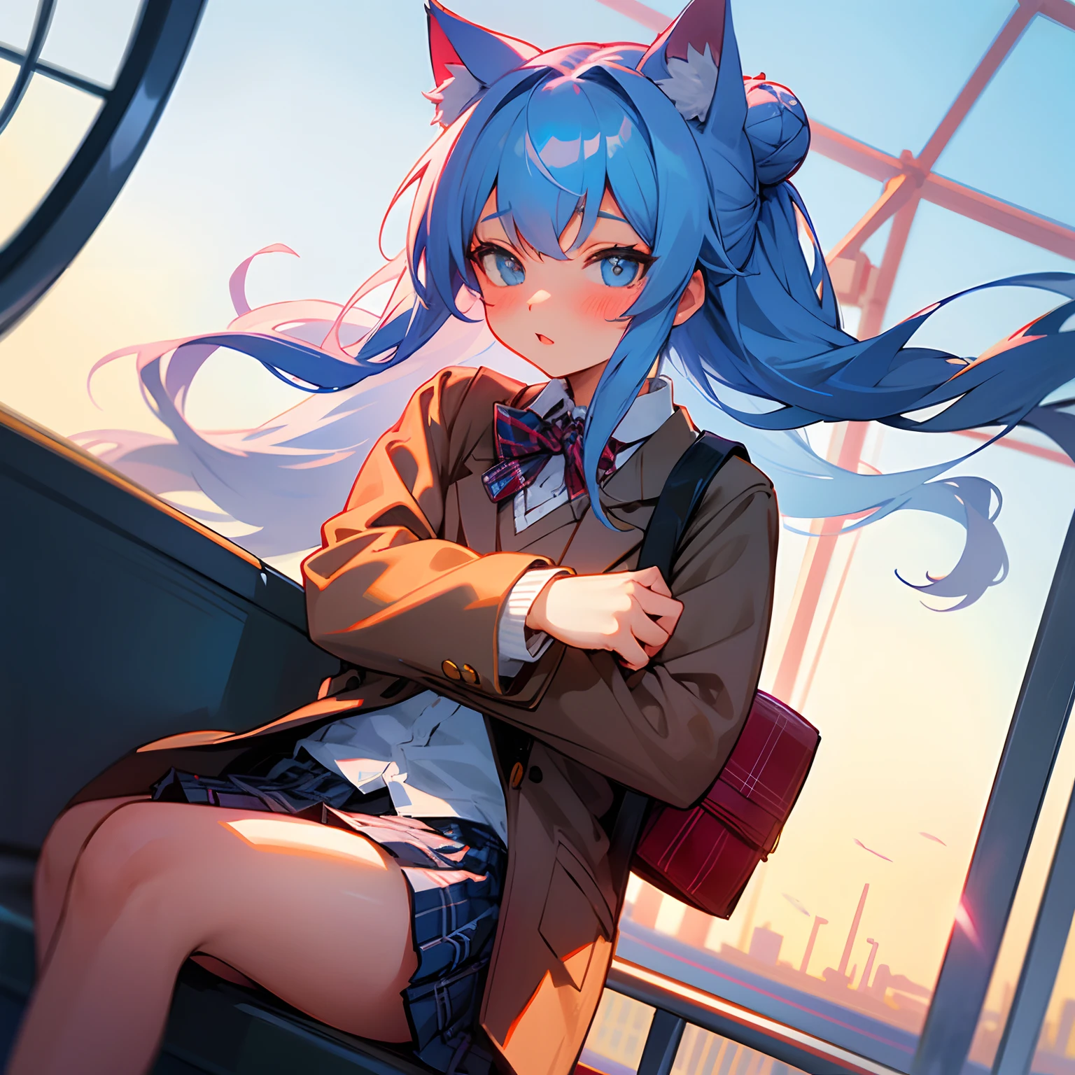 Light blue long-haired。cat ear。Dating。Riding the Ferris wheel。I'm trying to kiss you。Plaid blazer。shirt。Plaid skirt。The expression is shy and the hairstyle is two buns