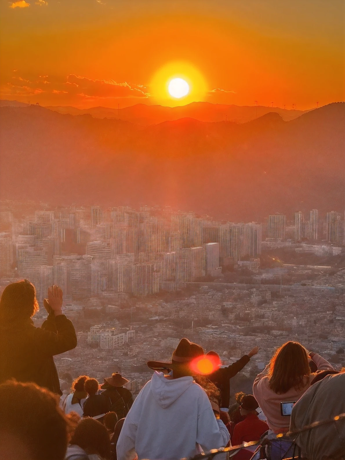 People stand on the hills，Overlooking the city at sunset, sun and shadow over a city, watching the sunset, during sunrise, sun is in the top, mountains and sunset!!, vista of a city at sunset, sunset sunrise, City sunset, praise the sun, sunrise over solarpunk city, Sunset view, At sunrise, taken at golden hour, late sunset