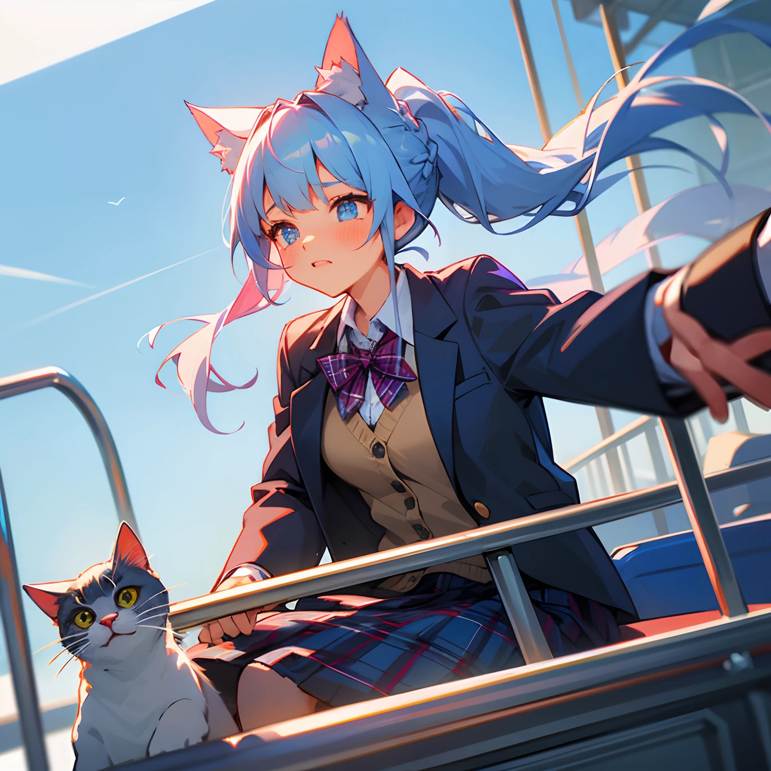 Light blue long-haired。Cat's ears。Her hairstyle is a braided ponytail。Riding a roller coaster。Looking down。I'm about to cry。Plaid blazer。The shirt。Plaid skirt