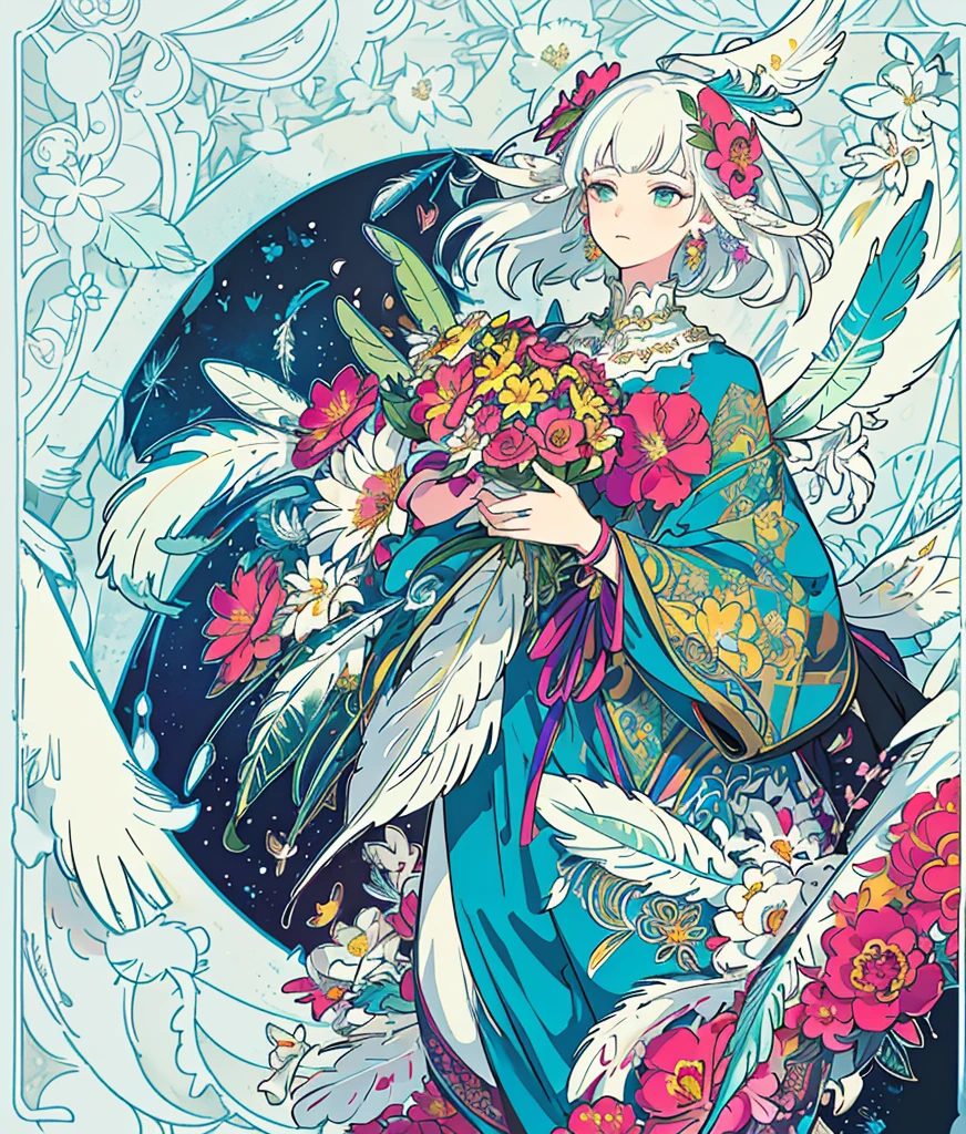 (Masterpiece, Top Quality, Best Quality, official arts, beautiful and aesthetic:1.2), (1girl:1.3), Extremely detailed,(s fractal art:1.1),(Colorful:1.1)(Flowers:1.3),highest detail,(zentangle:1.2), (dynamicpose), (Abstract background:1.3), (sparkly skin), (lots of flowers:1.4), ,(earings), (feathers:1.5),
