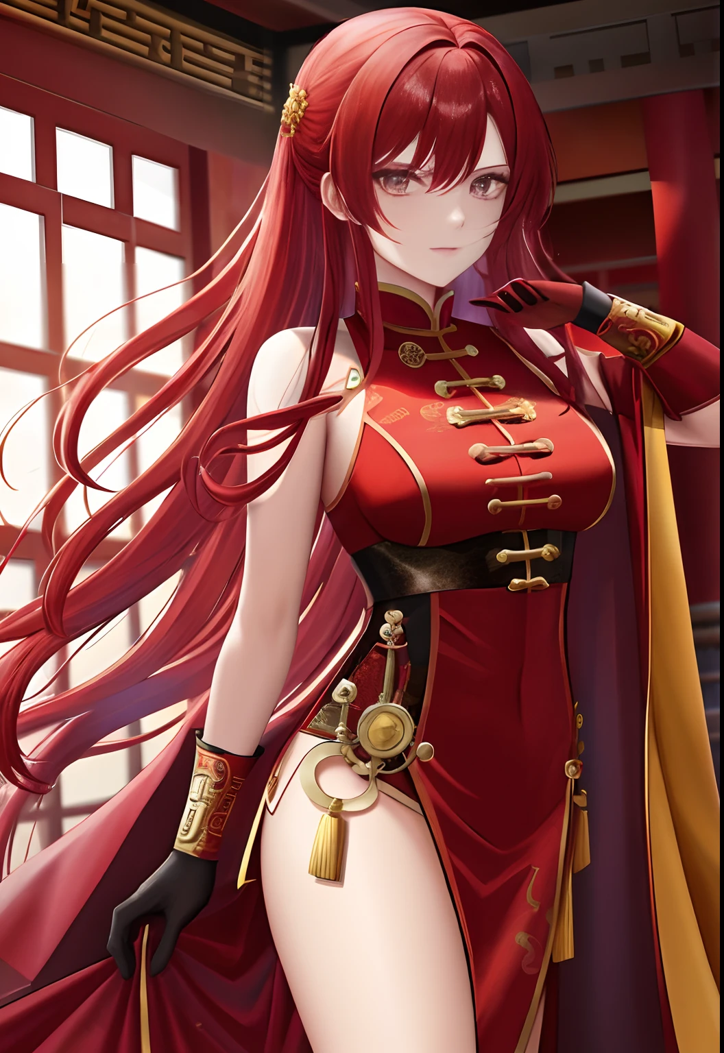 A woman,gold eyes,Long red hair,Red robe,He wears long black gloves on his elbows,Chinese Ancient Architecture,