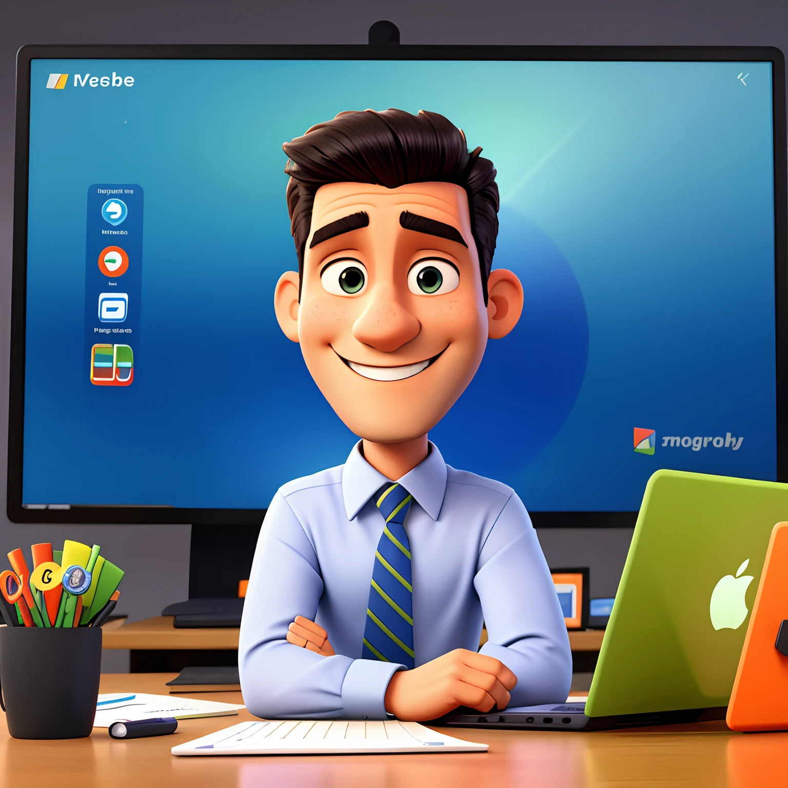 A vibrant image showing a smiling businessman looking at a laptop while his website is displayed on the screen, Surrounded by Sales and Growth Icons.
