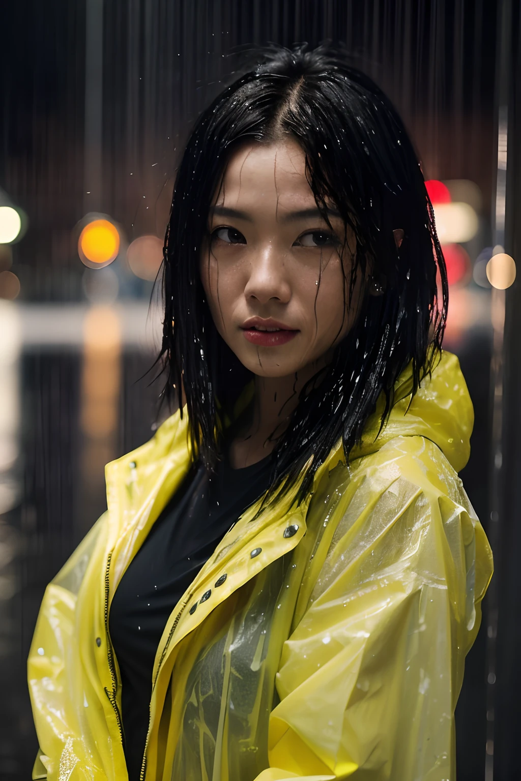 (Best quality, 8k, 32k, Masterpiece, UHD:1.2), Photo of Pretty Japanese woman, medium size breasts, bob hairstyle, short Black Hair, sexy body, JAV, dramatic lighting, romantic vibe, getting drenched in the rain, raining, street, cityscape, feeling the vibe, aesthetic vibe. raining , very wet, wet clothes, portrait, bokeh
