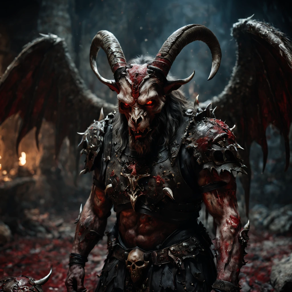 close-up, demon with goat head with big horns, strong and strong upper body, demon skins, skins, (claws, wings)), demonic armor, blood splatter, skulls on the ground, standing in blood ritual, medieval, dark room, dim light, masterpiece, realistic, oil painting