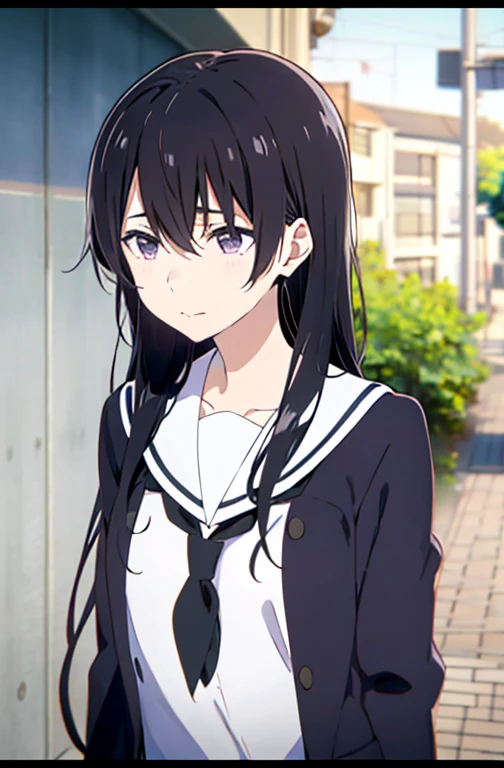 koe no katachi, 1girl, long hair, black hair, 1boy, school uniform, purple eyes, shirt, blurry, serafuku, sailor collar, letterboxed, outdoors, white shirt, closed mouth, kitauji high school uniform, looking at another, depth of field, bangs, day, collarbone, blurry background, white sailor collar, solo focus, ((masterpiece))
