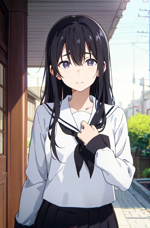 koe no katachi, 1girl, long hair, black hair, 1boy, school uniform, purple eyes, shirt, blurry, serafuku, sailor collar, letterboxed, outdoors, white shirt, closed mouth, kitauji high school uniform, looking at another, depth of field, bangs, day, collarbone, blurry background, white sailor collar, solo focus, ((masterpiece))