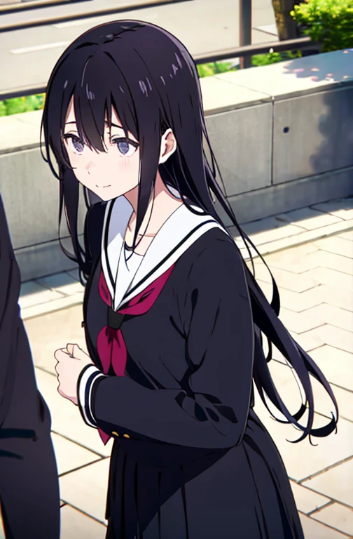 koe no katachi, 1girl, long hair, black hair, 1boy, school uniform, purple eyes, shirt, blurry, serafuku, sailor collar, letterboxed, outdoors, white shirt, closed mouth, kitauji high school uniform, looking at another, depth of field, bangs, day, collarbone, blurry background, white sailor collar, solo focus, ((masterpiece))