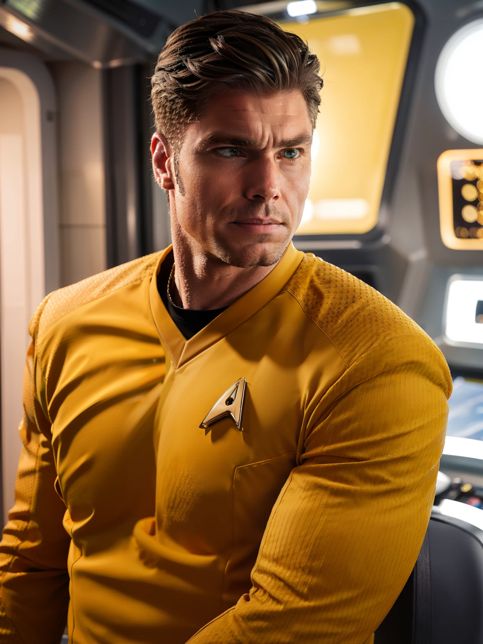 Anson Mount in yellow stsnwunf uniform, starship bridge,RAW Photo, 8k uhd, dslr, soft lighting, high quality, film grain, higly detailed face,ultra detailed,masterpiece quality, Sony A6400