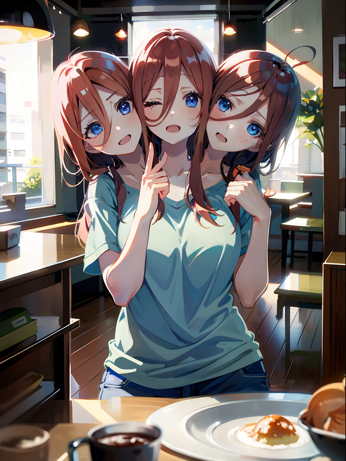 (masterpiece, best quality), best resolution, (3heads:1.5), 1girl, nakano miku character, weary, headache, hangover, in pain, dizzy, brown hair, blue eyes, one eye closed, open mouth, light blue t-shirt, tan pants, hand on forehead, apartment kitchen