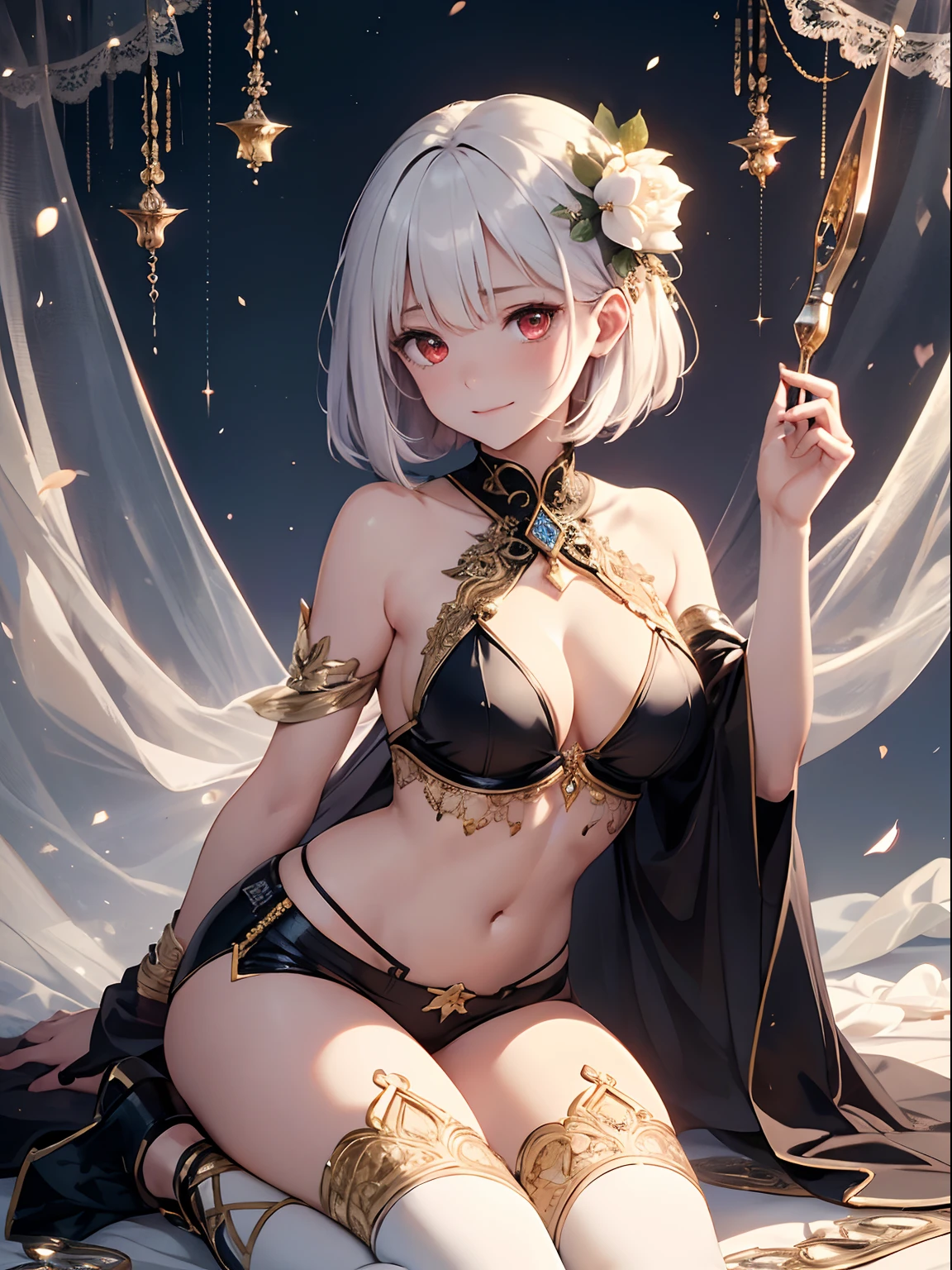 (Enrich your images,Masterpiece-level quality)Beautiful 8K CG artwork,Goddess-like posture,Kneeling exercise,Slim and soft,(Translucent skin,Platinum Brand,bob cuts,the skin is fair and juicy,,,,,,:1.3),Outlook Part 1.2x Enhanced silhouette effect,(white short pants,Black knee-high boots,Gold thread edging,Loose and obliquely lowered belt,Open tube top with back,The details are intricate and exquisite:1.1),background slightly blurred,In flowering meadows,Temptation of attractive and voracious feet,droolng,Clothes that show body lines,blush,Open your legs wide,attract,Platinum Brand,red eyes,Wheezing,Trance,Poroli,Soft,- Rubbed violently from behind,show through,Plug-ins,Innocent smile,Dagger in hand,Desert Oasis,Married to the King of the Desert,Delicate veil of white lace,