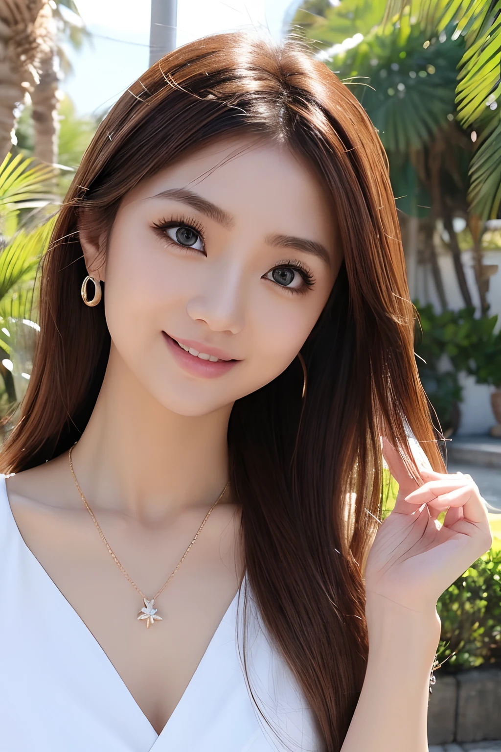 (top-quality:1.1)、(Photorealsitic:1.1)、(a picture:1.1)、(ighly detailed:1.1)、viewer、armlet、Jade Bracelet、Jade Earrings、Eye lashes、Toothless smile、a beautiful detailed girl、(extremely detailed eye and face)、(lighting on the face)、jade necklace、Summer Uniforms、(独奏:1.5)、(shores、Palm trees)、(Skin glowing in the light of the setting sun)、see -through、Light brown eyes、(((Hair fluttering in strong winds)))、((Anatomically perfectly balanced style))、Cute poses、sexypose、Blue big eyes、Full body like、red brown hair