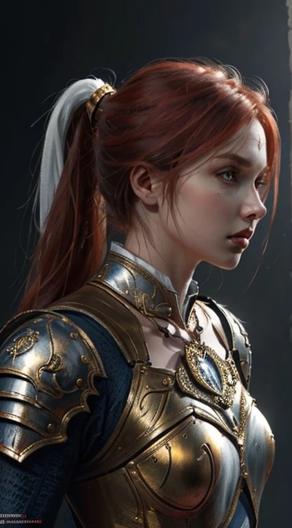 (8k, RAW photo, best quality, masterpiece:1.2), (realistic, photo-realistic:1.4), (extremely detailed CG unity 8k wallpaper), a (full body:1.2) (rogue:1.1) female wearing gold (leather armor:1.3), stiched worn out armor, (insanely detailed:1.5), gold and (white:1.5), Concept art portrait by Greg rutkowski, Artgerm, hyperdetailed intricately detailed gothic art trending on Artstation, fantastical, intricate detail, (small blue highlights:1), (redhead, wavy hair, high ponytail: 1.4)