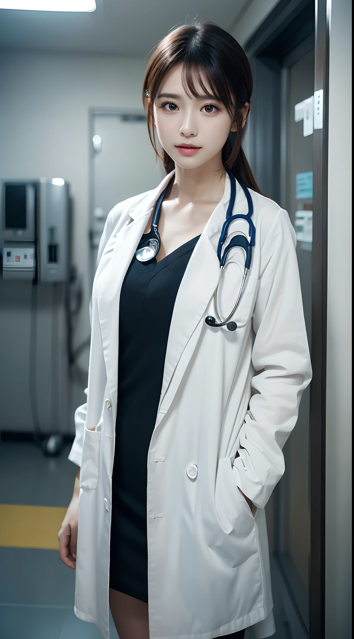 Photorealistic beautiful doctor、stunningly beautiful、doctors white coat, Collared shirt、(top-quality、8K、32K、​masterpiece、nffsw:1.3)、超A high resolution,(Photorealsitic:1.4),Raw photography, Detailed face,,Beautiful hair, ((Doctor Style)), , Black tight skirt、 Natural makeup,, large full breasts、inside hospital, Detailed background, Perfect Lighting, depth of fields, Beautiful shadow gradient,stethoscope ,