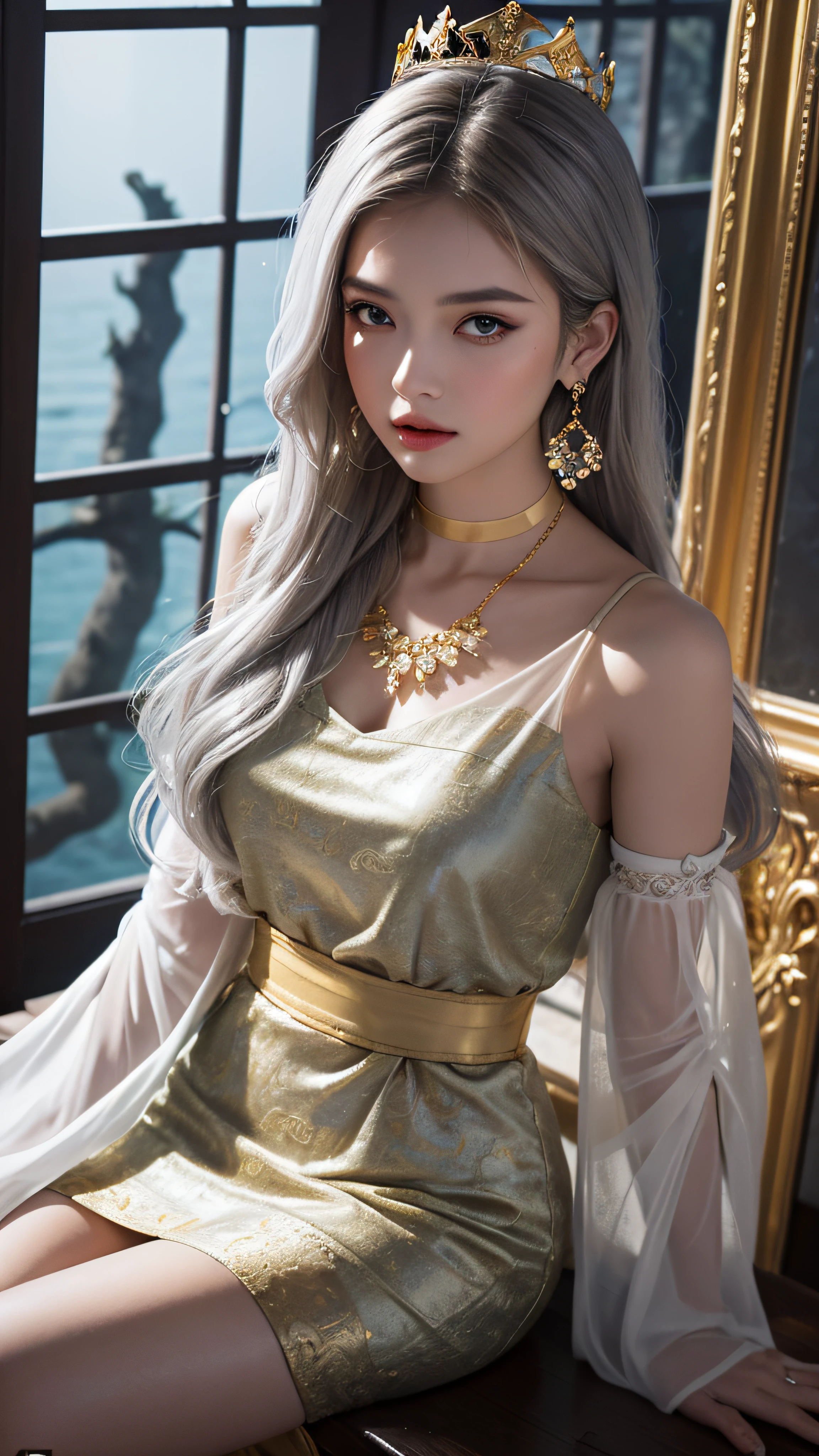 (Masterpiece, Best Quality: 1.4), Detailed Background, Crystal, Crystal Cluster, Long Hair, Jewelry, Earrings, Necklace, Crown, Bride, Hair, Halo, (Overlook), Dynamic Angle, Ultra Detailed, Illustration, Close Up, Direct Look, 1girl, (Fantasy: 1.4), (detailed Eyes: 1.233), Her Eyes Shine Like Dreamy Stars, (Glow Eyes: 1.233), (Beautiful and Delicate Eyes: 1.1), (Silver Hair: 1.14), (Messy Hair, Very Long Hair, French braids, hair between the eyes, side hair), (hair flower: 1.14)), (chiffon dress, uniform golden flower pattern)/= (military uniform: 1.24), (split sleeves, wide sleeves), (fingerless gloves), choker, (miko thighhighs), high heeled boots, (expressionless, shut up), (standing), (classical princess boudoir with dresser floor-to-ceiling windows ancient palace), (golden flowers, blooming), (deep sea), (flowing water), (dark golden world tree:1.14),(Ruins),(Night:1.2),dreamy,Soul,(fluorescent),(Flying Translucent golden Butterfly:1.15),[Delicate Fingers and Hands:0.55]::0.85], (Finger Detail), (Yubao:0.5), sitting,