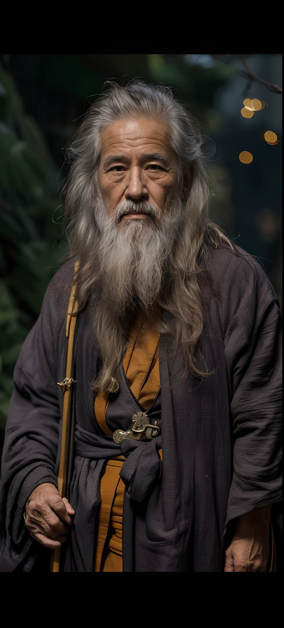 An old man，Wearing a monk's robe，facing at camera，The expression was kind