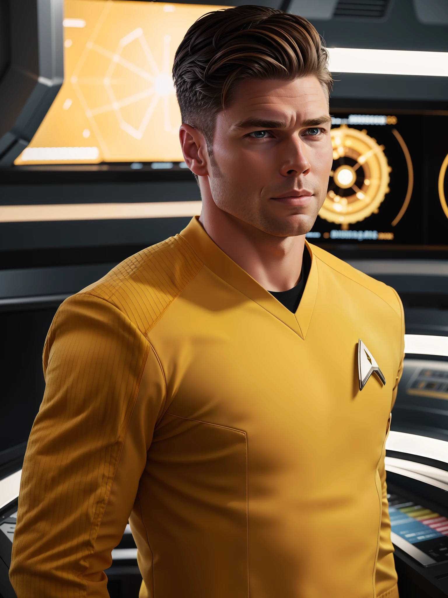 Anson Mount in yellow stsnwunf uniform, starship bridge,RAW Photo, 8k uhd, dslr, soft lighting, high quality, film grain, higly detailed face,ultra detailed,masterpiece quality, Sony A6400