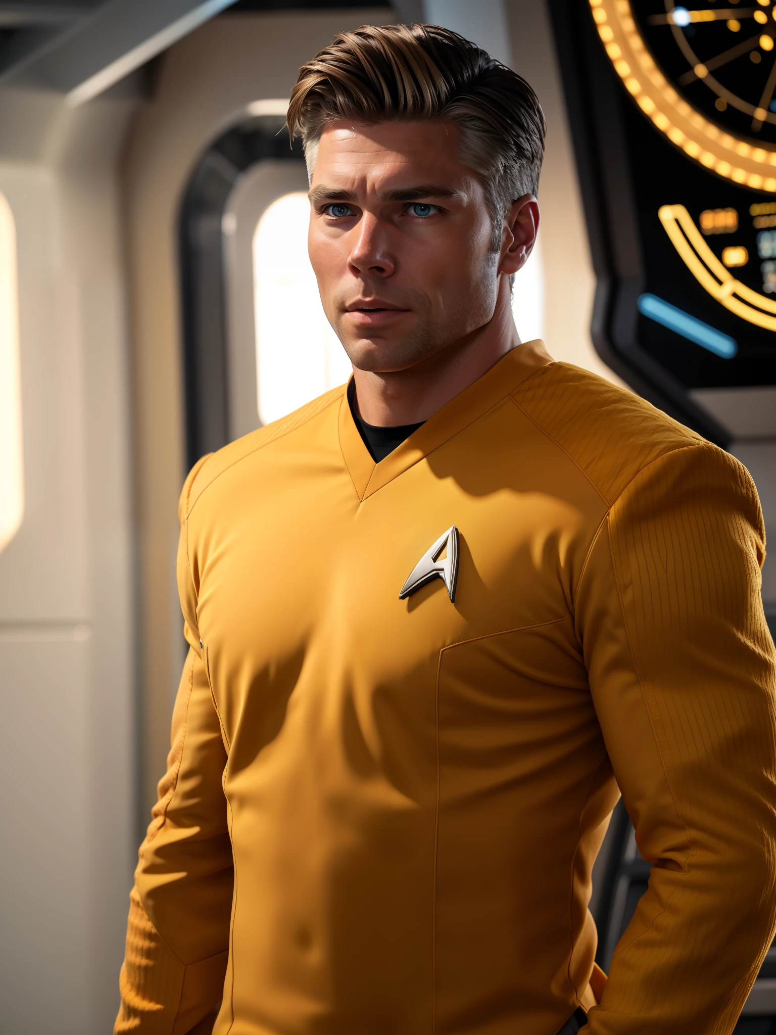 Anson Mount in yellow stsnwunf uniform, starship bridge,RAW Photo, 8k uhd, dslr, soft lighting, high quality, film grain, higly detailed face,ultra detailed,masterpiece quality, Sony A6400