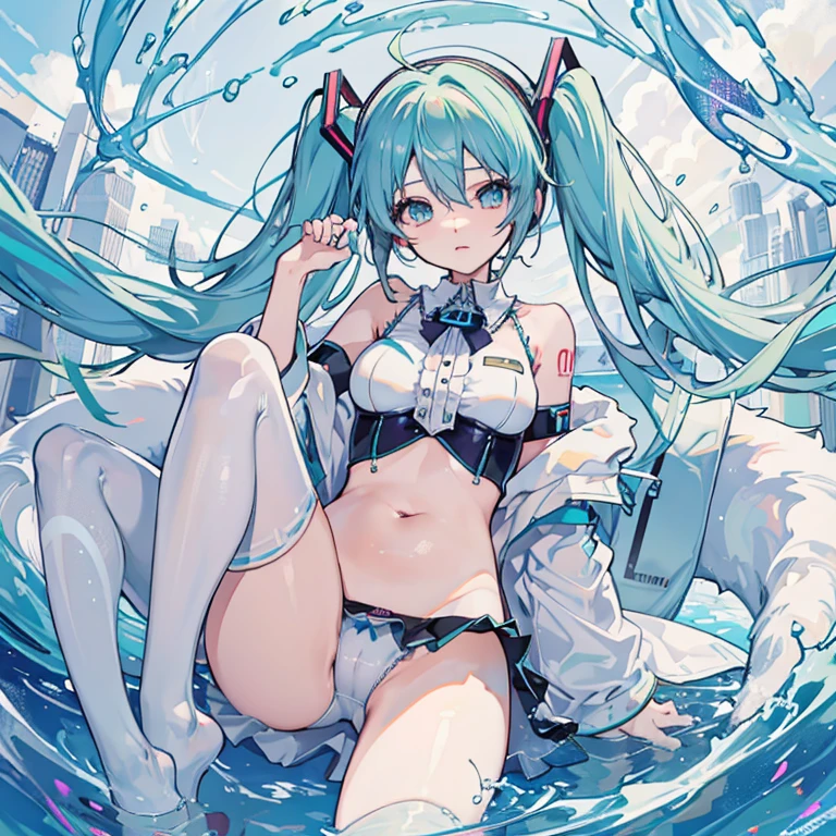 Hatsune Miku's Big Breasts,white panty,Opening legs,exposing the belly