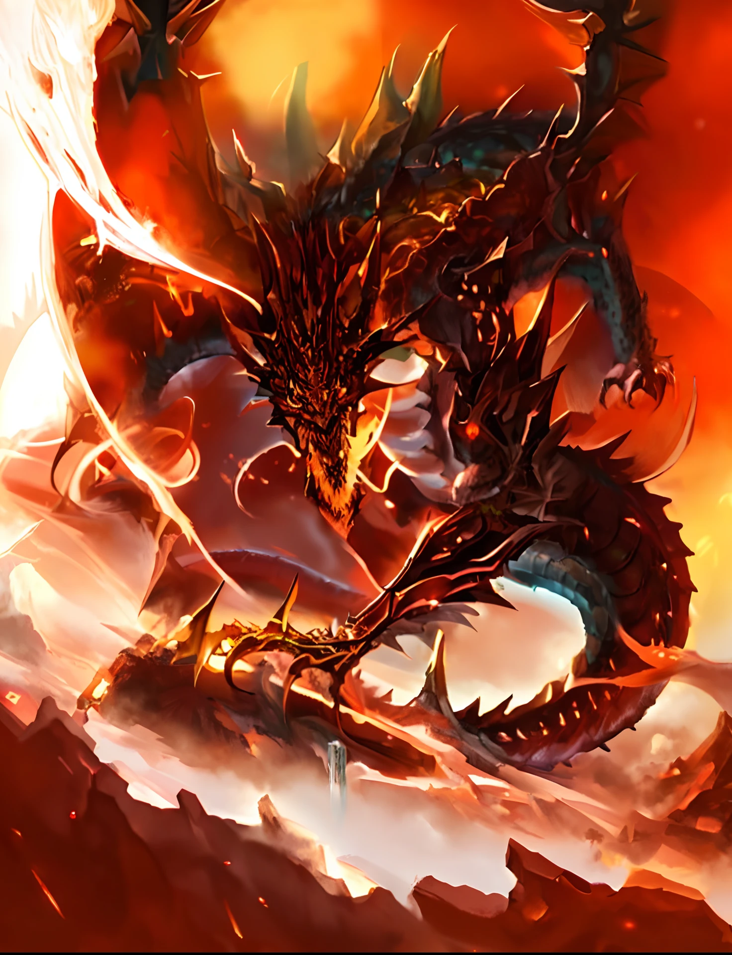 colossal dragon as background, alduin, epic fantasy card game art, fire flaming dragon serpent, Legendary Dragon, by Yang J, Dragon Art, chinese dragon concept art, epic fantasty card game art, D&d commision art dragon,((A scrawny dragon,Dragon King:1.4)),