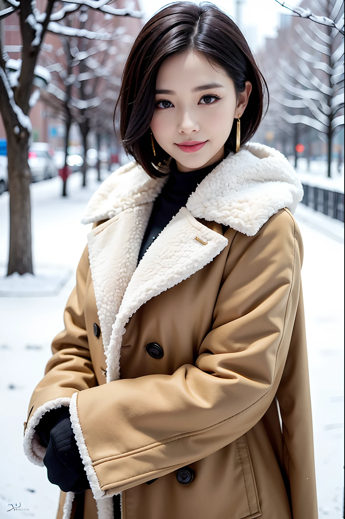 1 girl, bare_tree,black_eyes,black_hair, building, coat, cross_earrings, earrings, fur, fur trimmed_coat, fur_collar, fur_scarf, fur_trim, jewelry, lips,shoulder length straight short hair, looking_at_viewer, outdoors, snow, snow, solo, tree, upper_body, Winter, winter_clothes, detailed_eyes,small breasts, arms close together, Chest to camera, Big, Ears out, Golden ratio face, Golden ratio body, Best quality, Ultra high definition,Highlights in eyes, Mouth closed, Happy smile,Short bob hair, Short hair, Short and beautiful hair