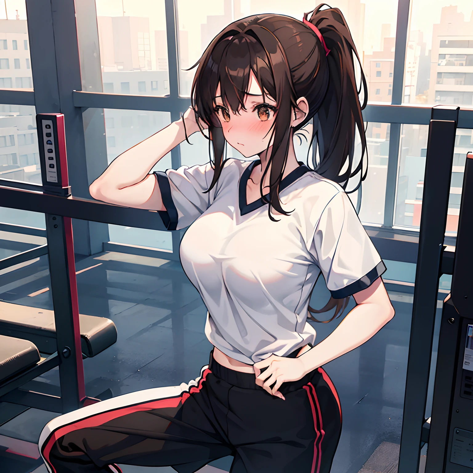"anime girl, 1 person, dark brown hair, ponytail, brown eyes, wearing school gym uniform, gym pants, shorts, big breasts, blushing, solo, look  frontal, (full HD 4K+ image)"