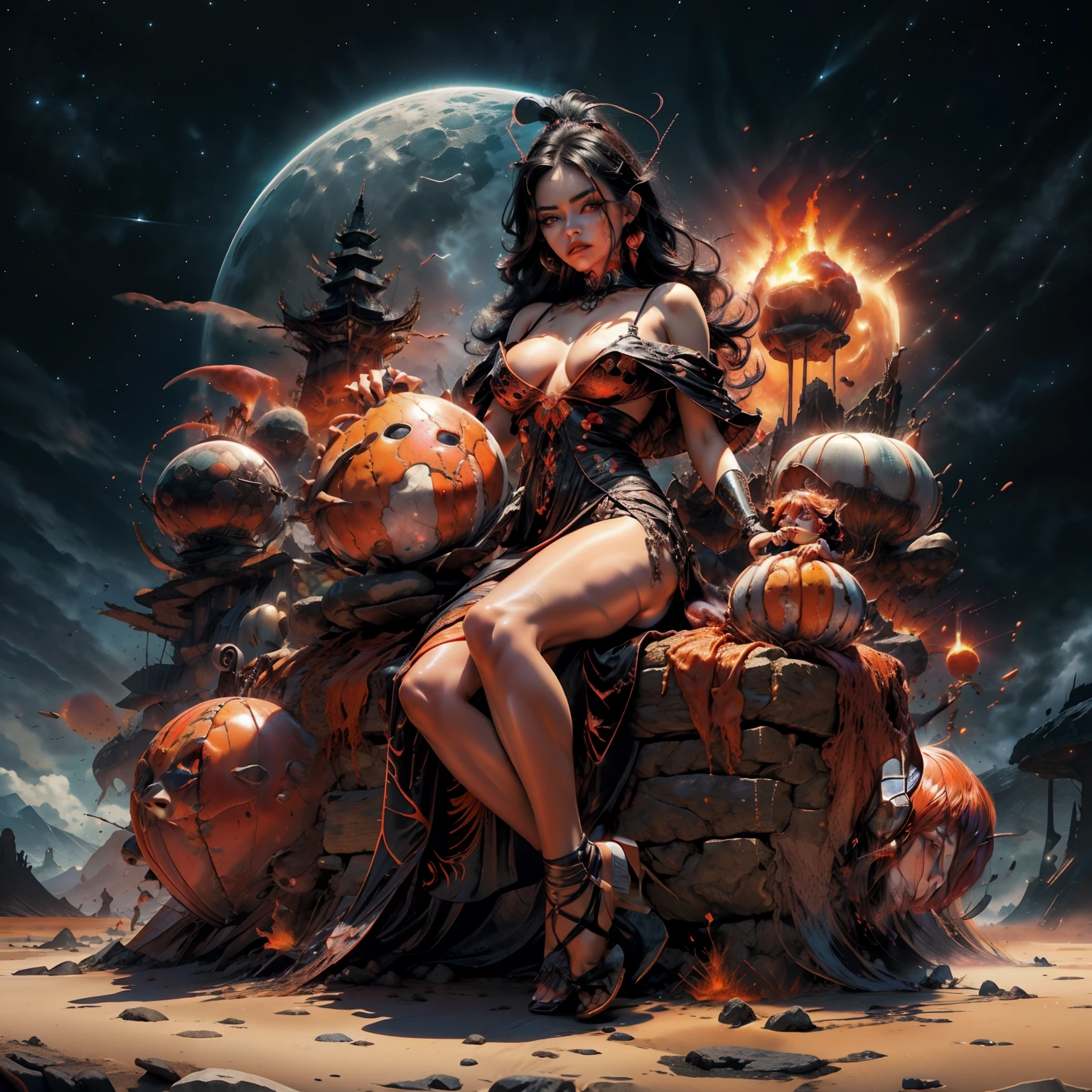 Bruxa da lava, bruxa, Volcano Witch, master part, beautiful face, cara bonita, rosto perfeito, volcano background, noite, Noite, lava, young woman, proportion Aurea, long tunic, Pretty tunic, Pedras preciosas, totalmente vestido, roupas extravagantes, cabelos ruivos curtos, Cabelos ruivos claros, Bob Longo, bob ondulado, (((cabelos ondulados, cabelos exuberantes, cabelos brilhantes))), cintura pequena, Magic Volcano, arte digital, Rosto Suave, proporcional, corpo inteiro, pinceladas suaves, bordas suaves, Artsy, tons vermelhos, bordas vermelhas, tons amarelos, tons de laranja, tons de marrom, olhos vermelhos, olhos penetrantes, olhos grandes, Olhos bonitos, corpo bonito