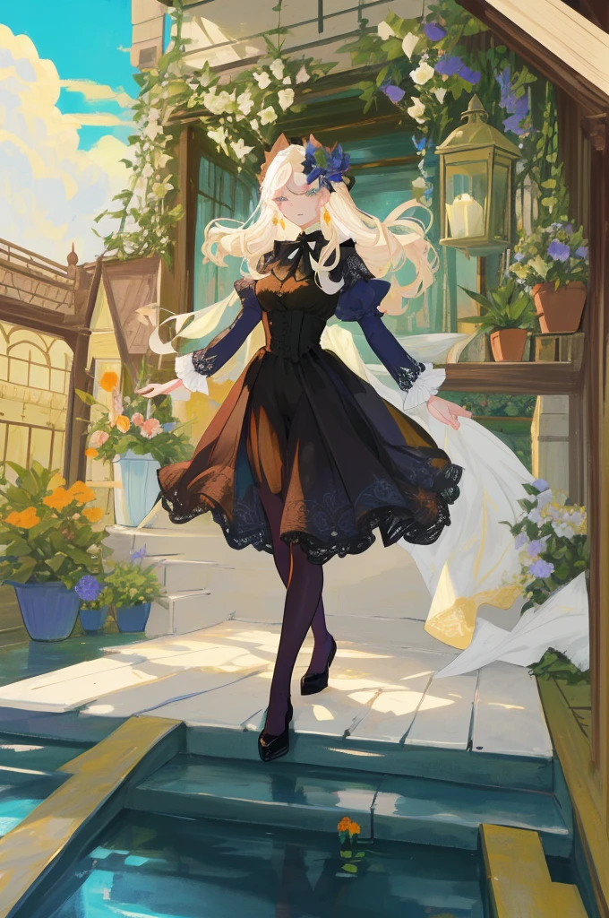 a beautiful woman in her twenties, perfect face, [(detailed face), ((detailed facial features)):0.4], [full body::0.4], victorian era dress, [ball gown::0.4], garden, [sky::0.4], masterpiece, high quality, best quality, [delicate pattern, intricate detail, [soft rim light], detailed foliage, flowers:0.4], garden alcove bower