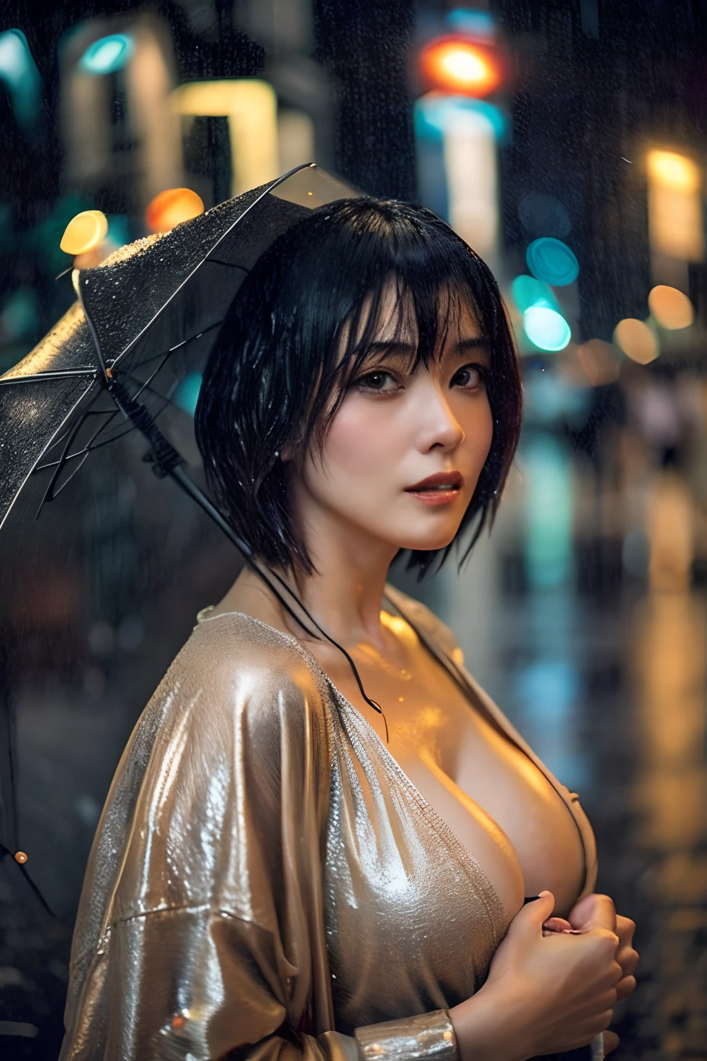 (Best quality, 8k, 32k, Masterpiece, UHD:1.2), Photo of Pretty Japanese woman, medium size breasts, bob hairstyle, short Black Hair, sexy body, JAV, dramatic lighting, romantic vibe, getting drenched in the rain, raining, street, cityscape, feeling the vibe, aesthetic vibe. raining , very wet, wet clothes, portrait, bokeh