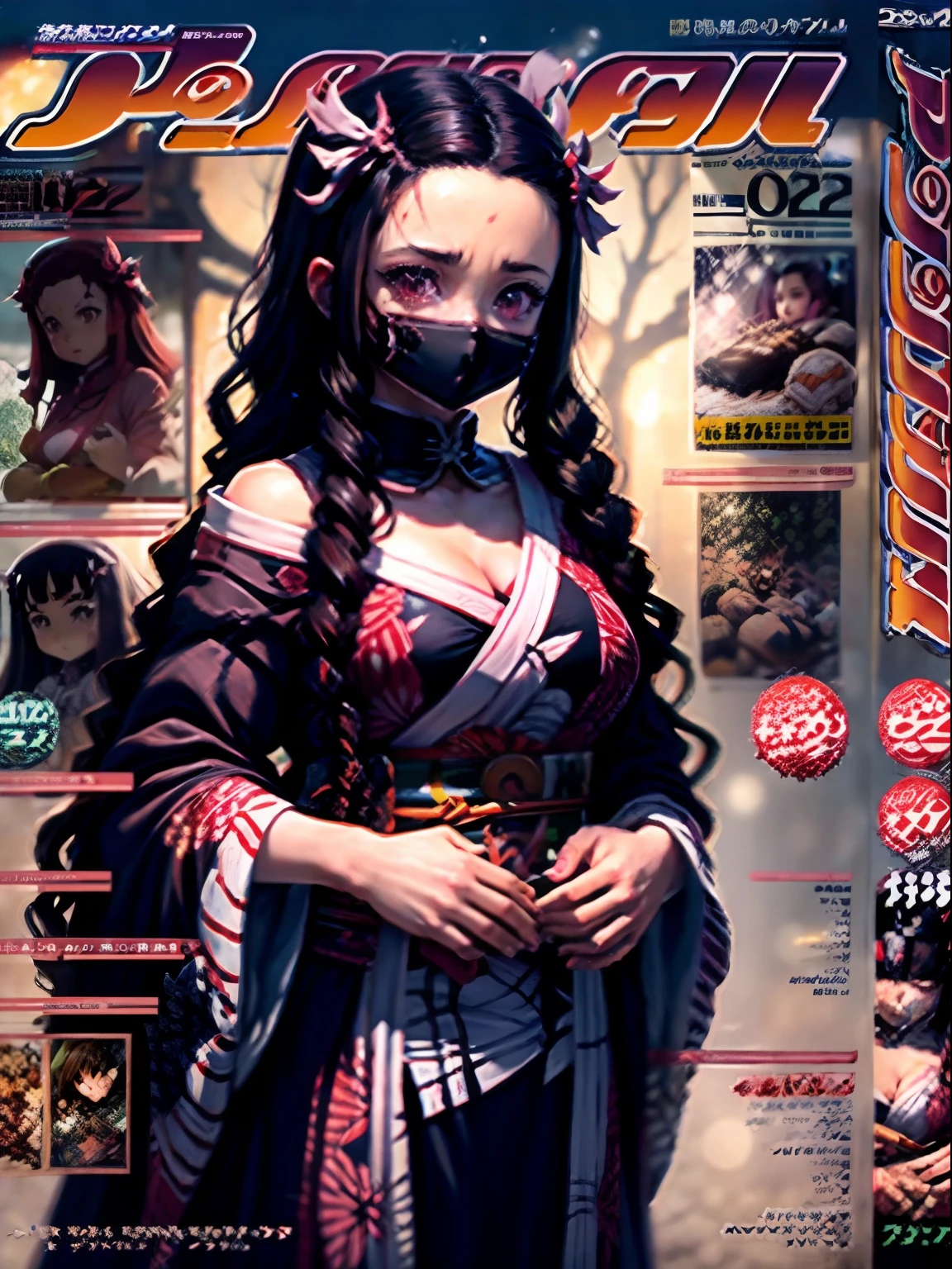 magazine scan,(magazine cover:1.2), cover text, text,Nezuko from demon slayer anime standing still in demon form