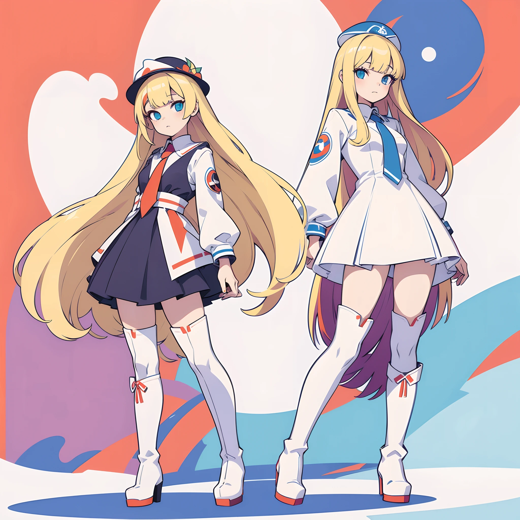 flat design, material design, coexistence with extremely complex details, deformed pop art, Adobe Illustrator, anime character, one girl, full shot, blonde straight long hair, bangs bangs, Tenshi-kaiwai fashion, white knee-high boots.