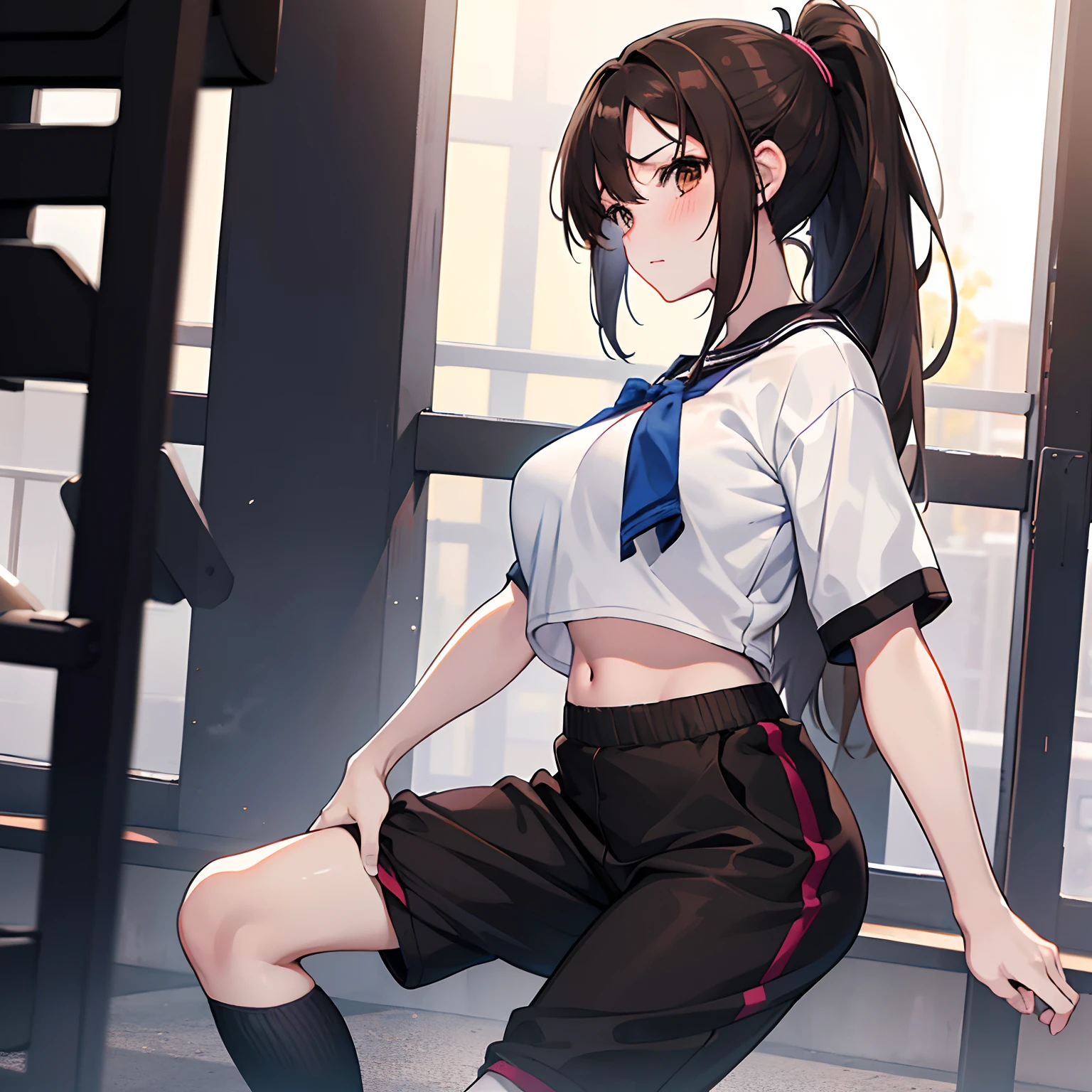 "anime girl, 1 person, dark brown hair, ponytail, brown eyes, wearing school gym uniform, gym pants, shorts, big breasts, blushing, solo, look  frontal, (full HD 4K+ image)"