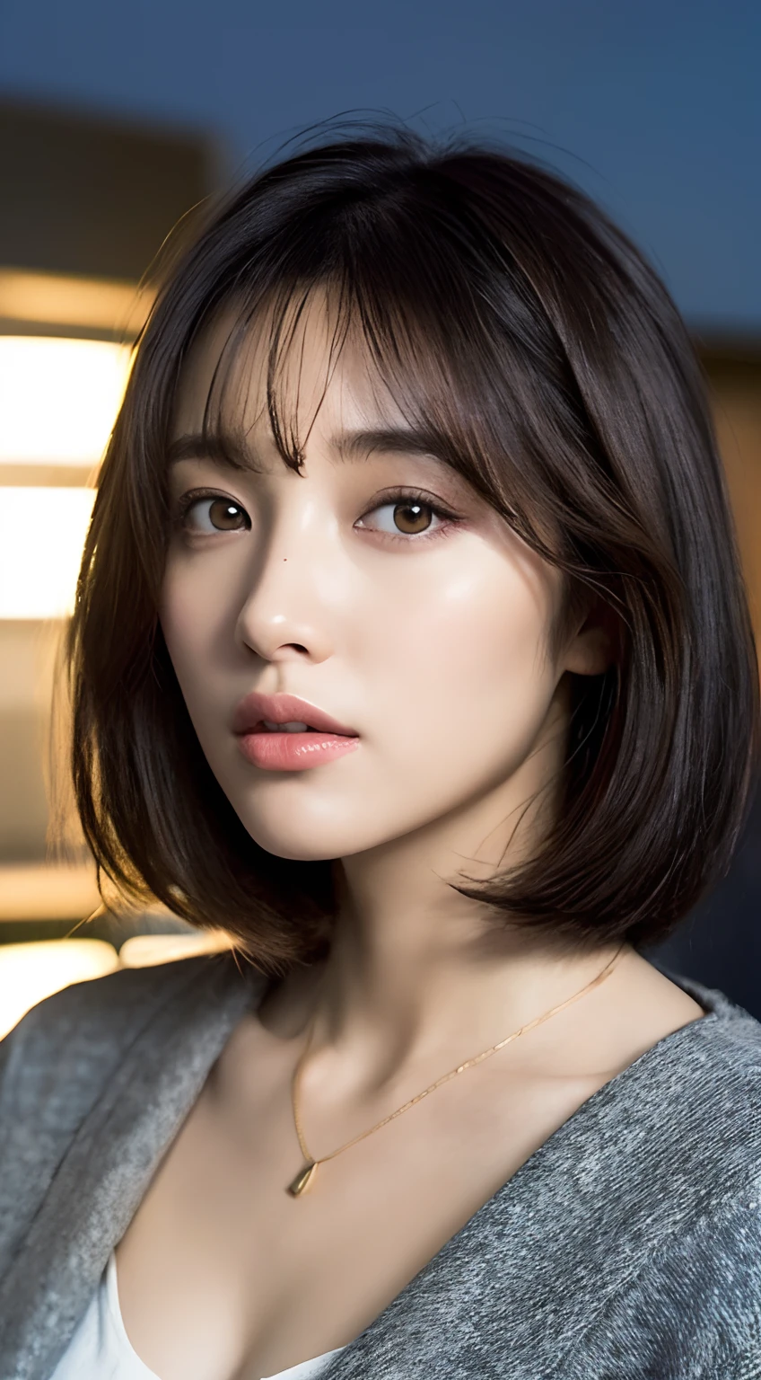 (Best quality, 8k, 32K, Masterpiece, UHD: 1.2), Photo de Pretty Japanese woman, gros seins, cheveux noirs, Haut du corps, Mise au point sur le visage, oversized_chandail, col, sinple background, d''au sommet, Regarder le spectateur,