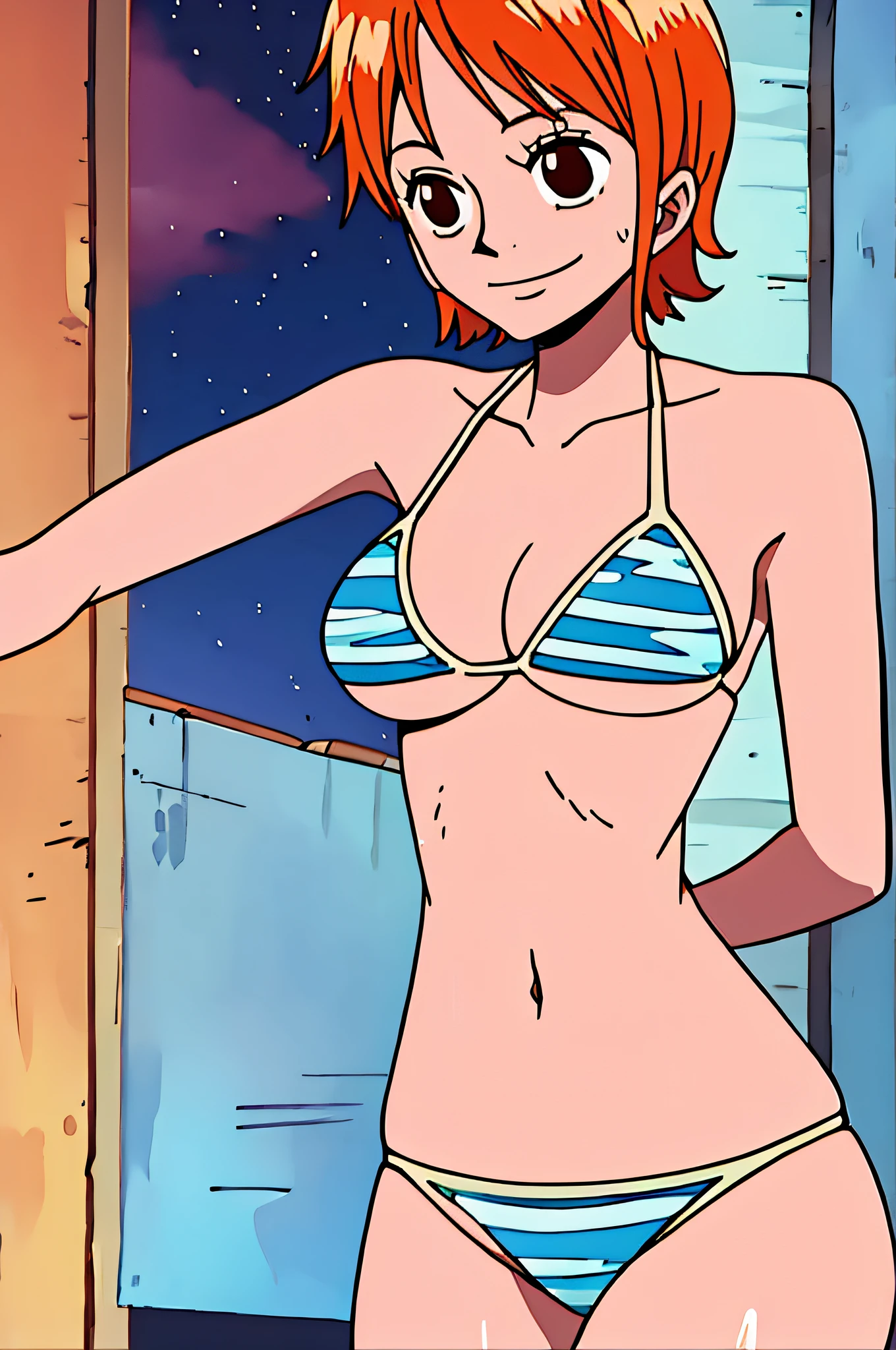 nami, 1girl, solo, breasts, smile, short_hair, large_breasts, brown_eyes, medium_breasts, closed_mouth, swimsuit, bikini, orange_hair,, night, room,