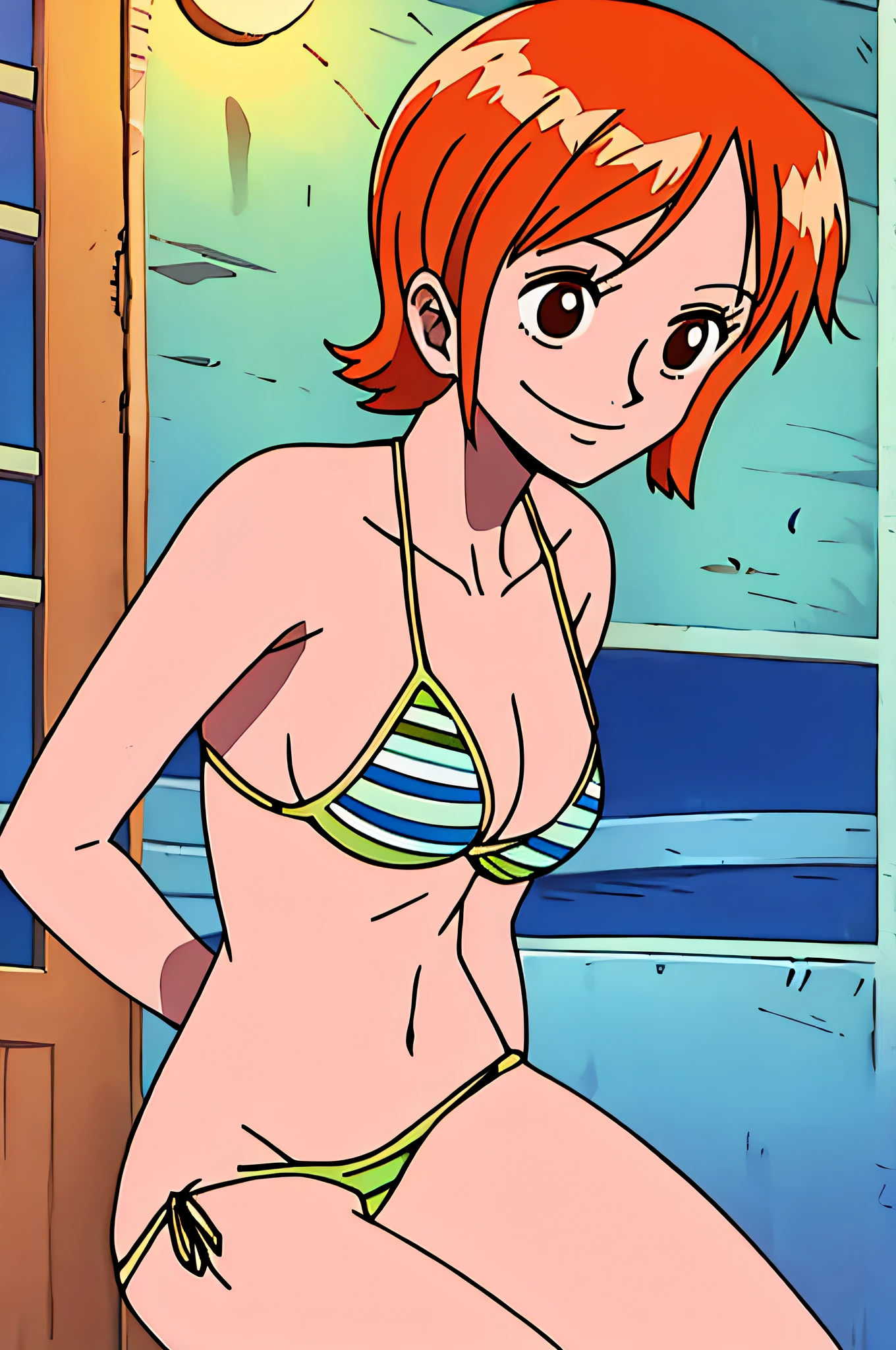 nami, 1girl, solo, breasts, smile, short_hair, large_breasts, brown_eyes, medium_breasts, closed_mouth, swimsuit, bikini, orange_hair,, night, room,
