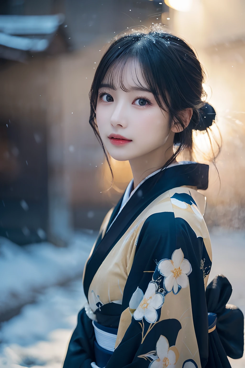 (Kimono)、(top-quality,masterpiece:1.3,超A high resolution,),(ultra-detailliert,Caustics),(Photorealsitic:1.4,RAW shooting,)Ultra-realistic capture,A highly detailed,high-definition16Kfor human skin、 Skin texture is natural、、The skin looks healthy with an even tone、 Use natural light and color,One Woman,japanes,,kawaii,A dark-haired,Middle hair,(depth of fields、chromatic abberation、、Wide range of lighting、Natural Shading、)、(Exterior light at night:1.3)、(Falling snow:1.2)、(Hair swaying in the wind:1.2)、(Light reflecting snow:1.2)