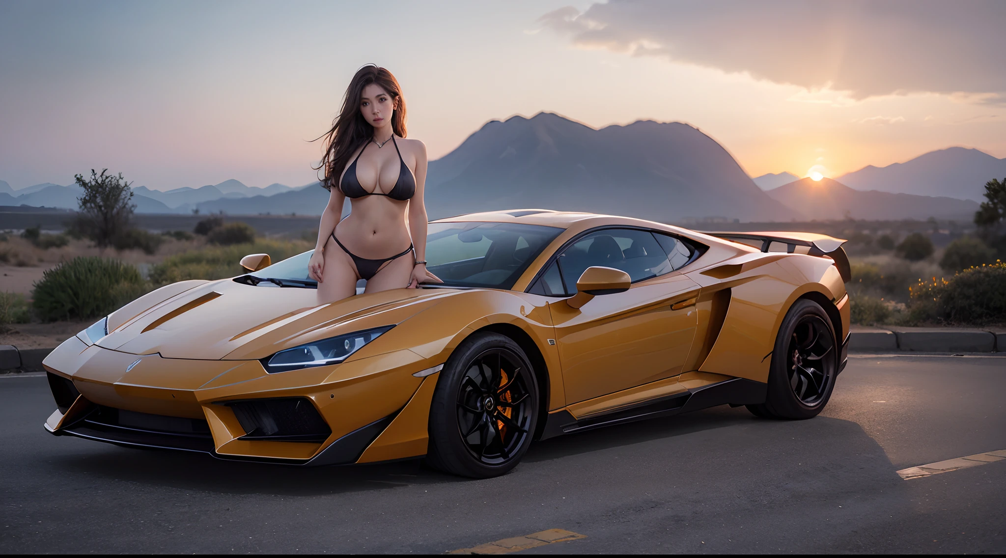 beautiful sunset, (realistic, high resolution:1.3), 1 girl with perfect figure, super fine face and eyes, long hair, bikini in random colors, silk panty, standing in front of lambo car, big breasts, exposed cleavage, ((cameltoe)), (full body photo:1.4),