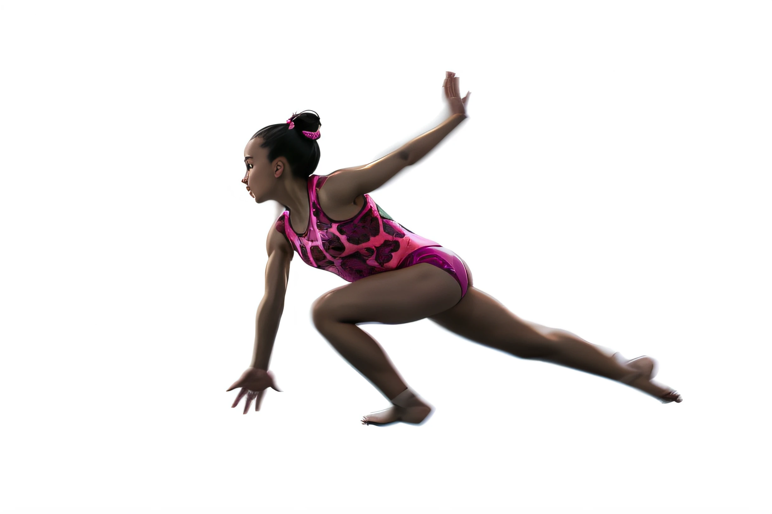 arafed image of a girl in a pink leoper, athlete photography, award winning sports photography, leotard, mid air, leaping, in a jumping float pose, beauty shot, acrobatic, promo image, leaping with arms up, mid air shot