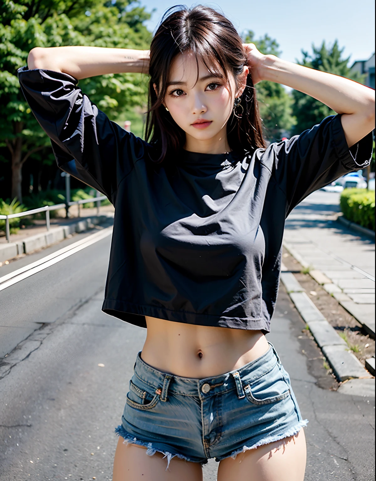 South Korean woman stands on dirt road with arms raised, Standing on the road, photo of slim girl model, Skinny waist and thick buttocks, photo of slim girl, Korean Girl, casual pose, attractive pose, Raise your arms, wearing tight simple clothes, Ripped cropped t-shirt, shooting pose, Korean woman fashion model, pretty face with arms and legs