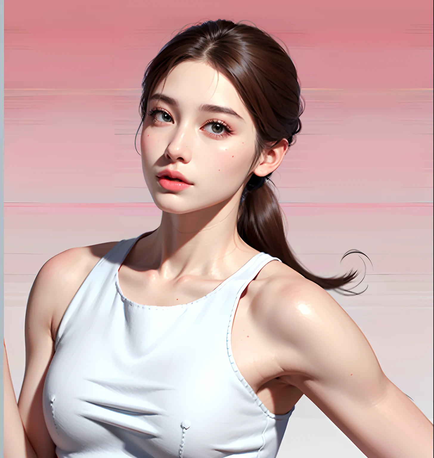 Painting of a woman with a ponytail and a vest, line art portrait, Outline sketch, realistic line drawing, Line sketch, Detailed face and body, face line drawing,with a round face，brunette color hair，Clear face lines，Soft facial features